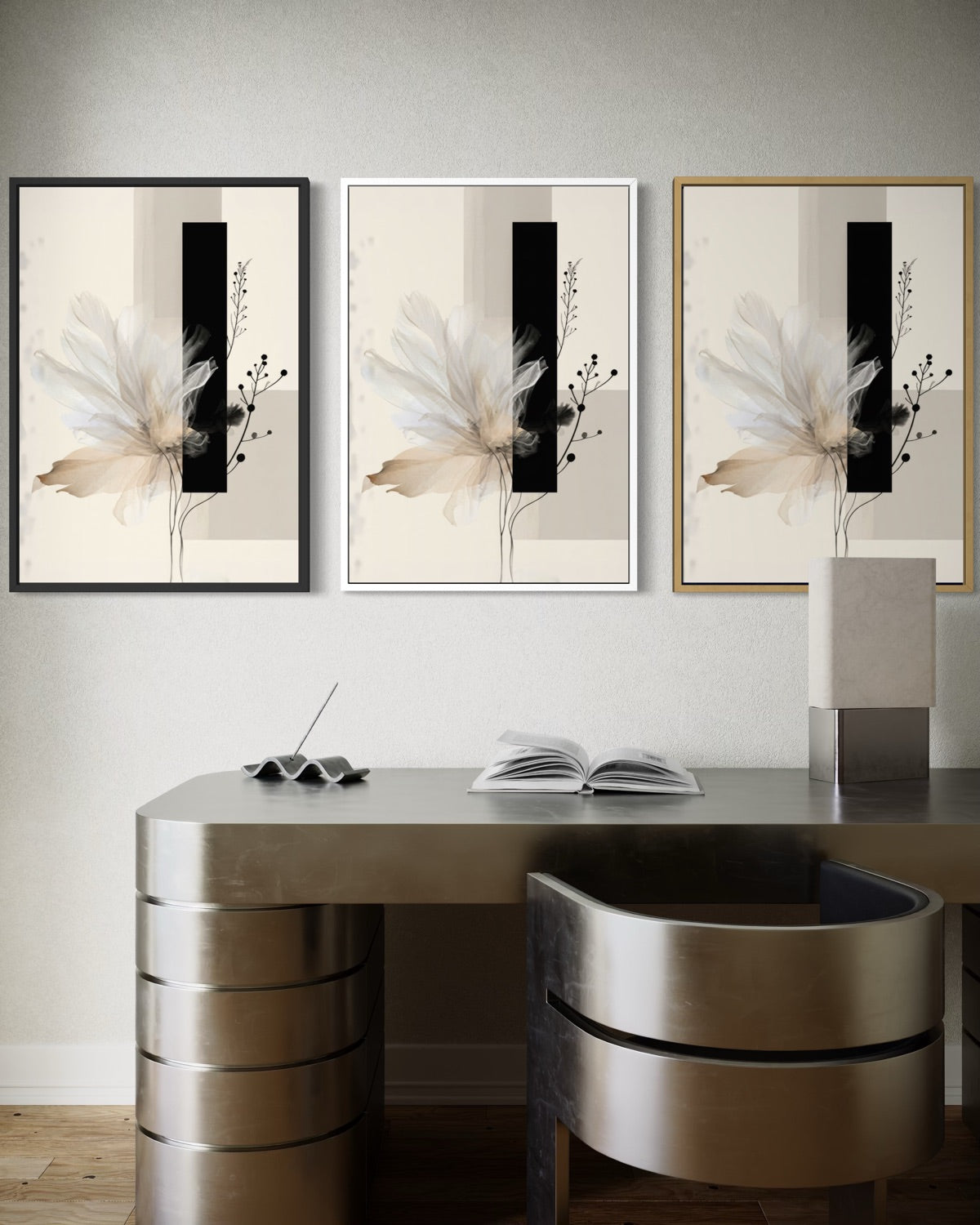 Stampe incorniciate Velature Eteree: fiore bianco, inserto nero verticale e rami