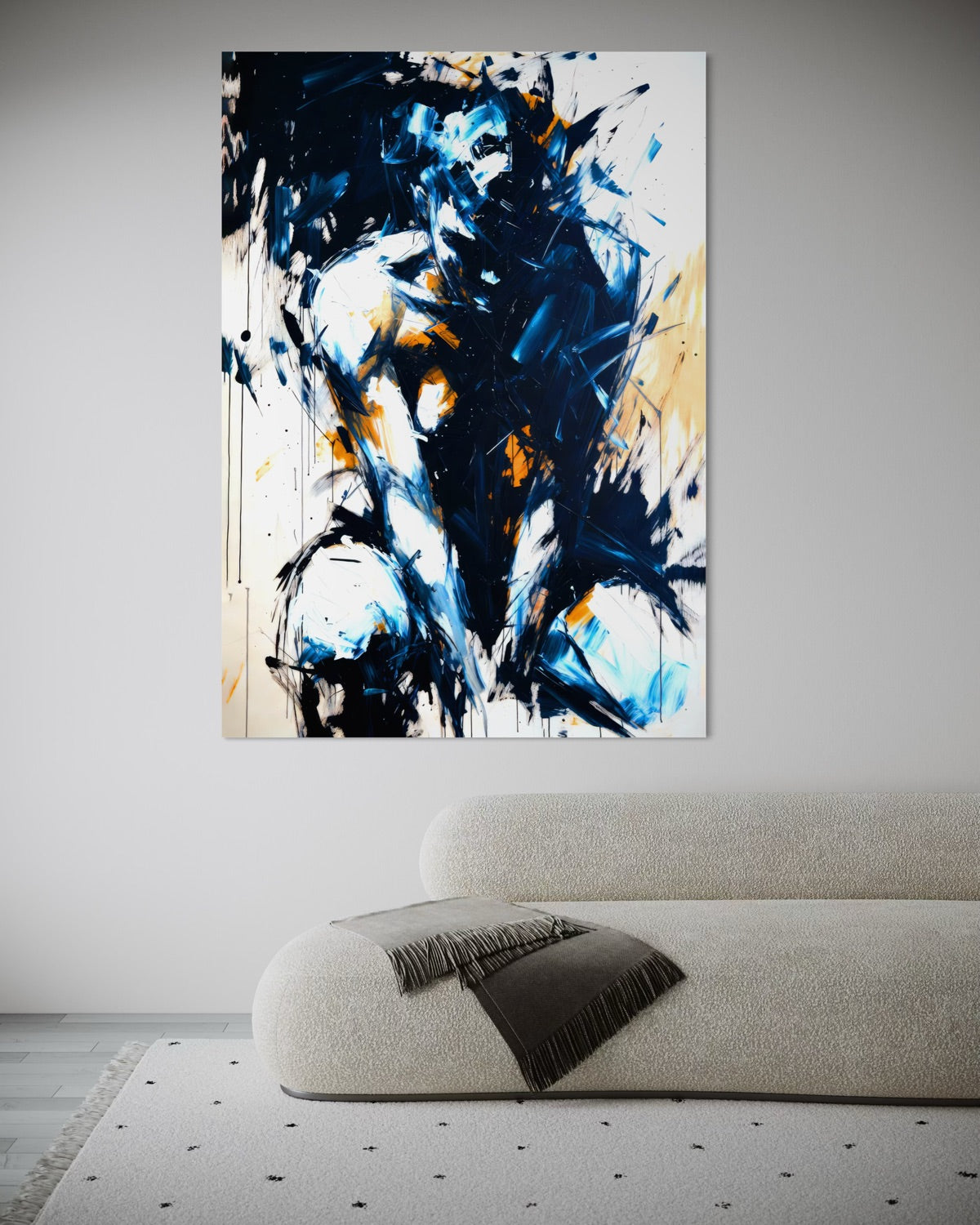 Stampa incorniciata astratta blu e bianca con spruzzi dorati, telaio nero