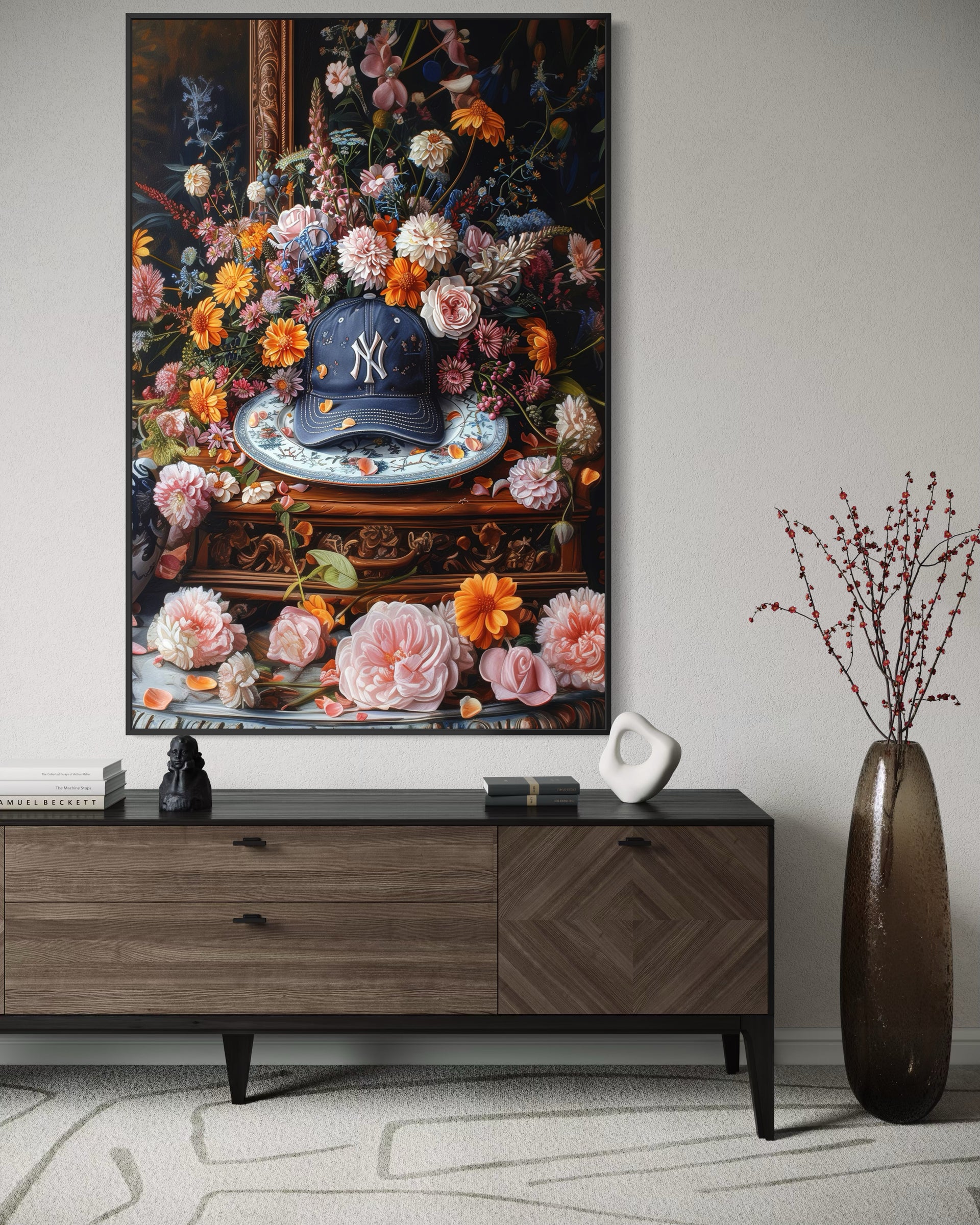 Stampa floreale incorniciata con vaso blu e bouquet multicolore su sfondo scuro