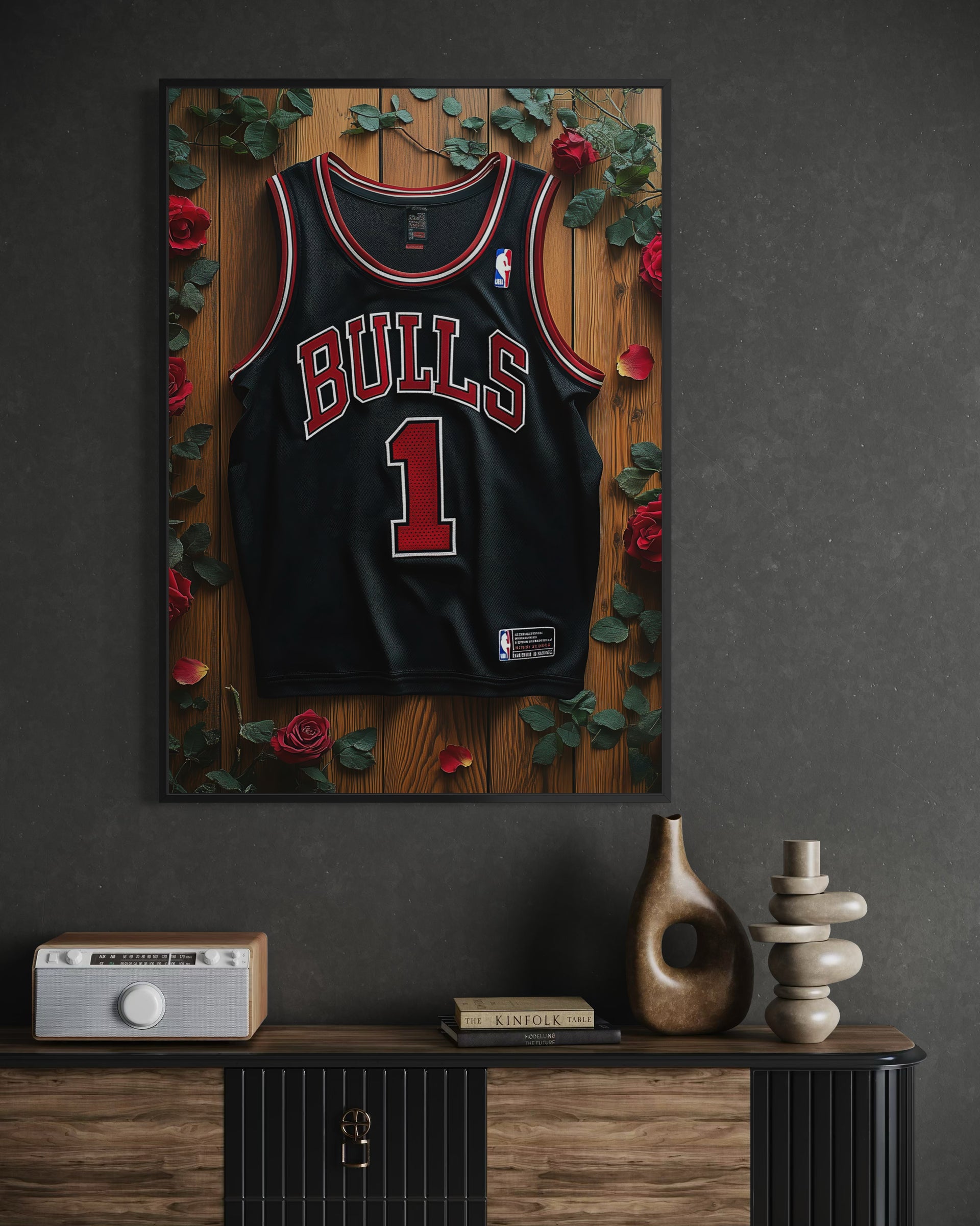 Fans: jersey Bulls nera #1 incorniciata con telaio nero