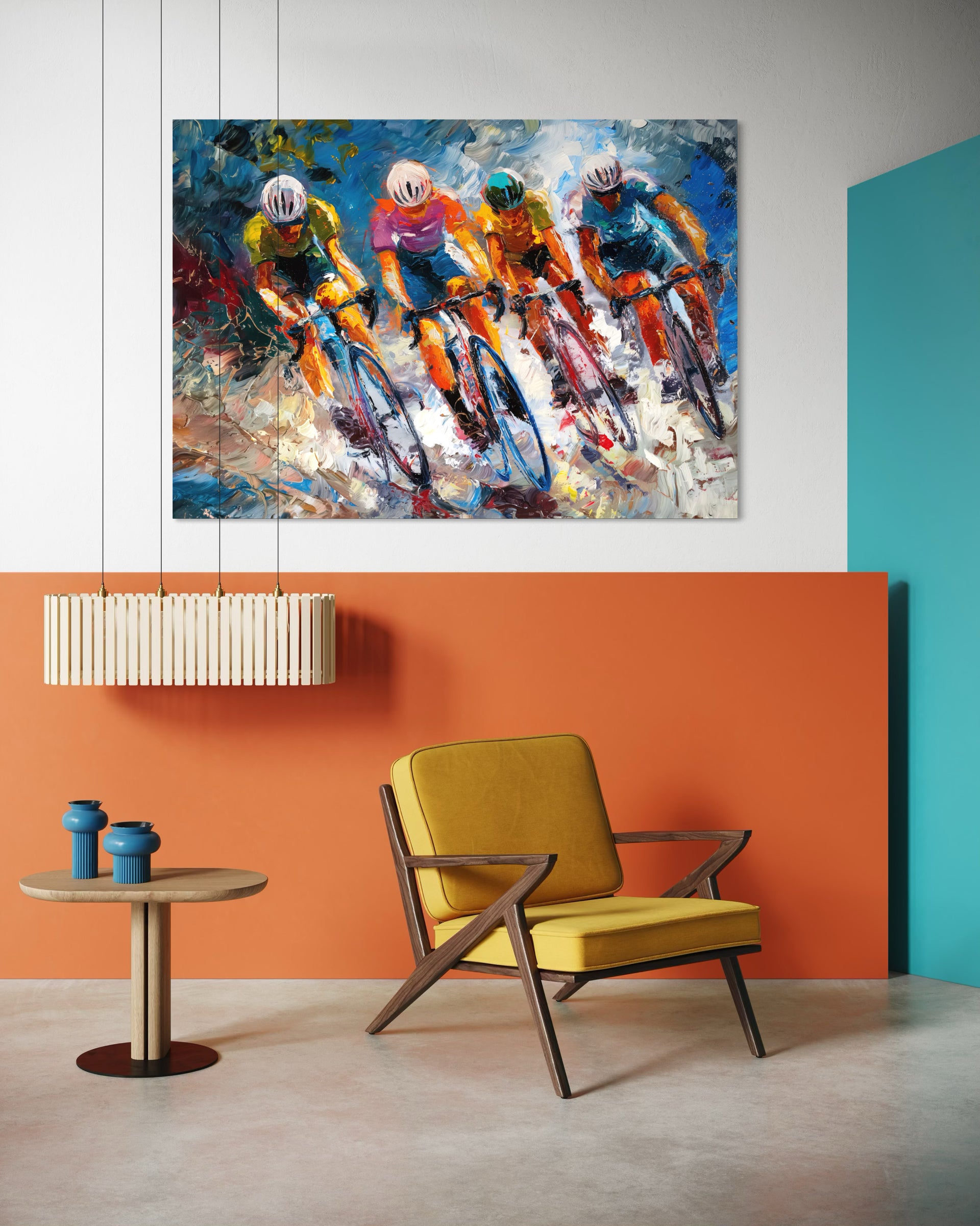 Quadro astratto Ciclisti con corridori in bici, colori blu, arancio e bianco.