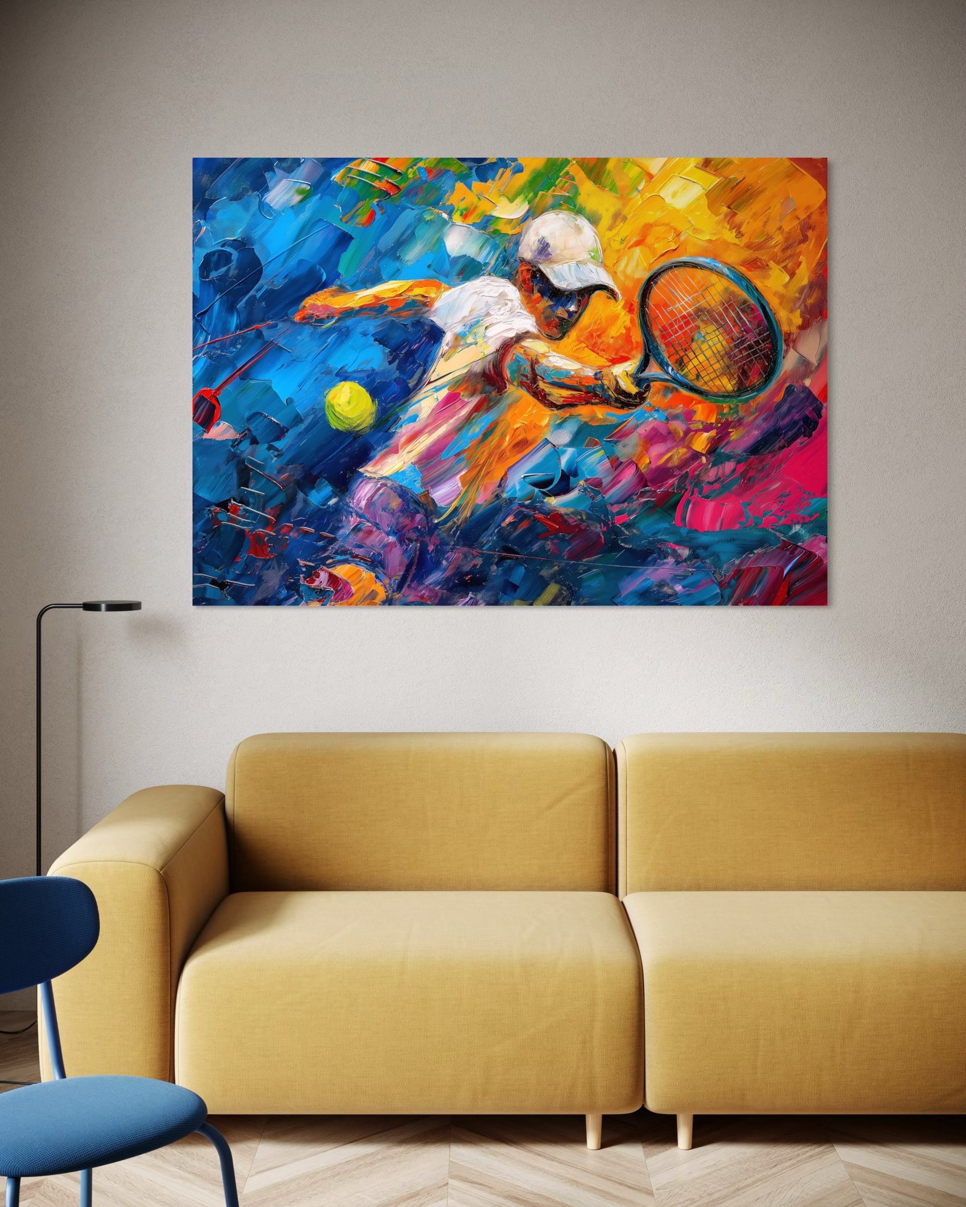 Quadro Tennis astratto con racchetta e tennista, colori vivaci e cornice arancione