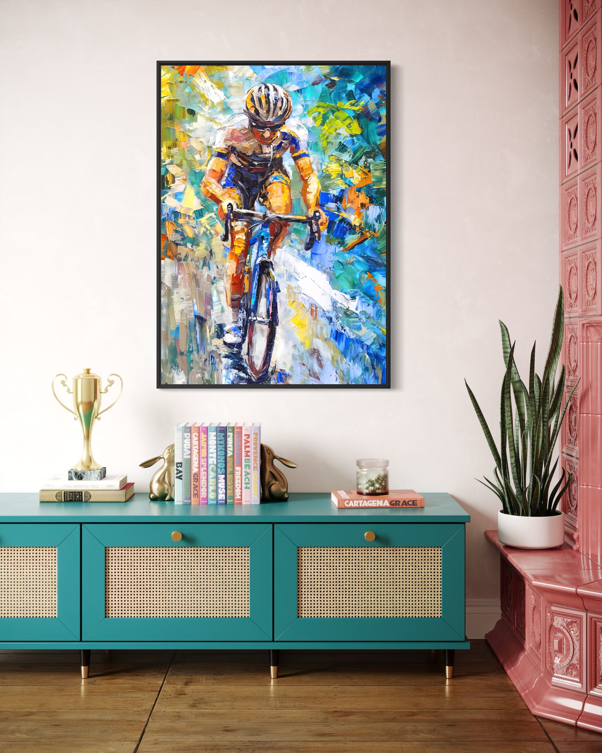Ciclista in cornice nera, illustrazione pittorica del ciclista in corsa