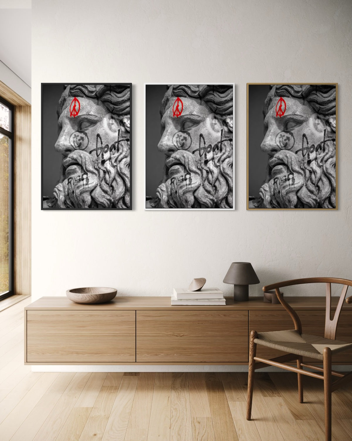 Set di 3 stampe incorniciate con ritratto in bianco e nero, graffiti rossi su sfondo scuro