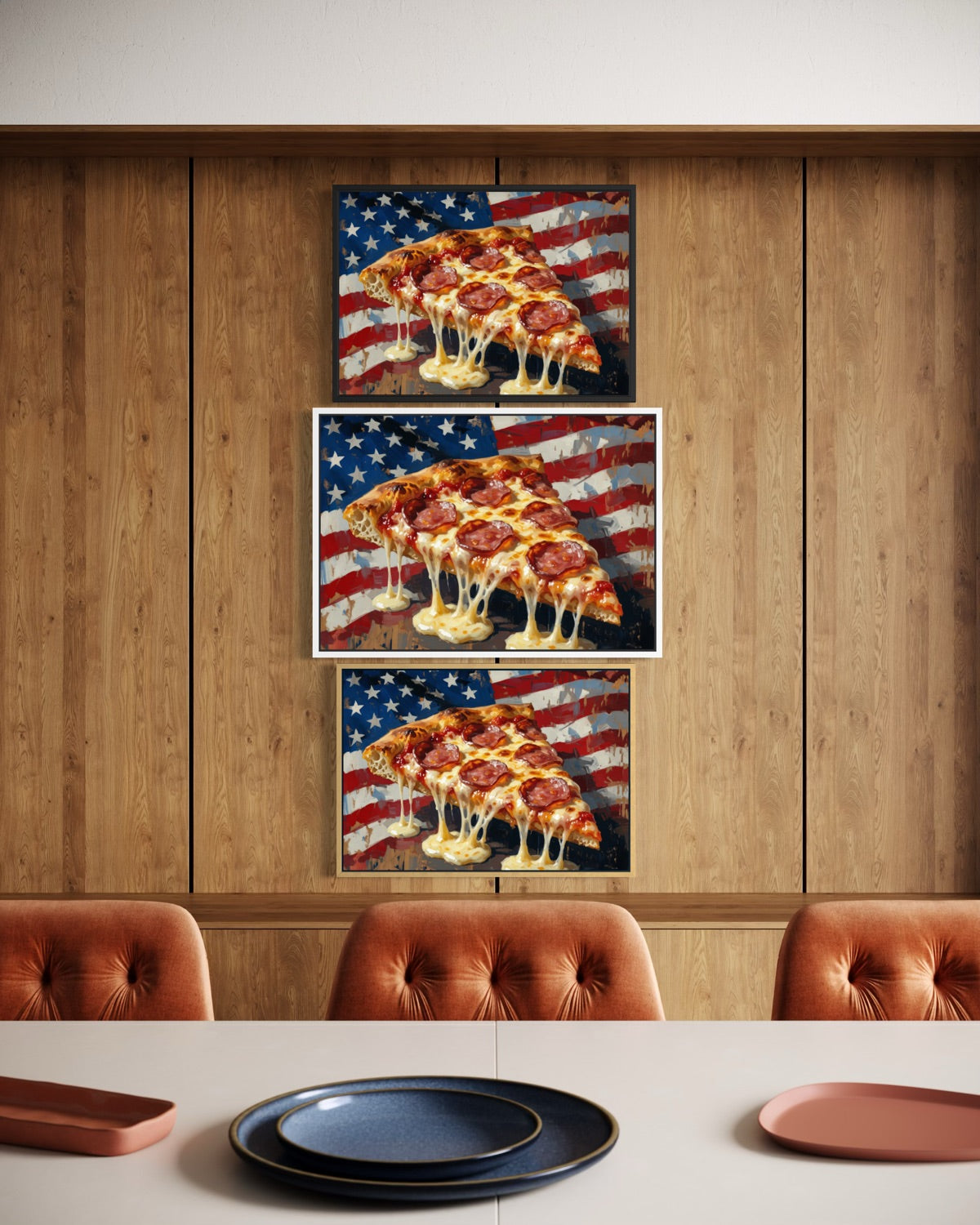 Set di 3 stampe con trancio di pizza su bandiera americana, in cornici nere