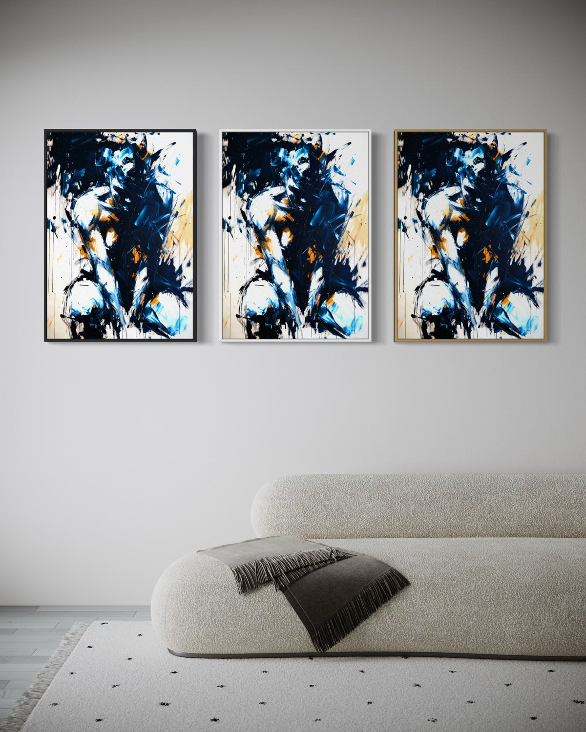 Set di 3 stampe incorniciate astratte blu e bianche con spruzzi dorati, telaio nero