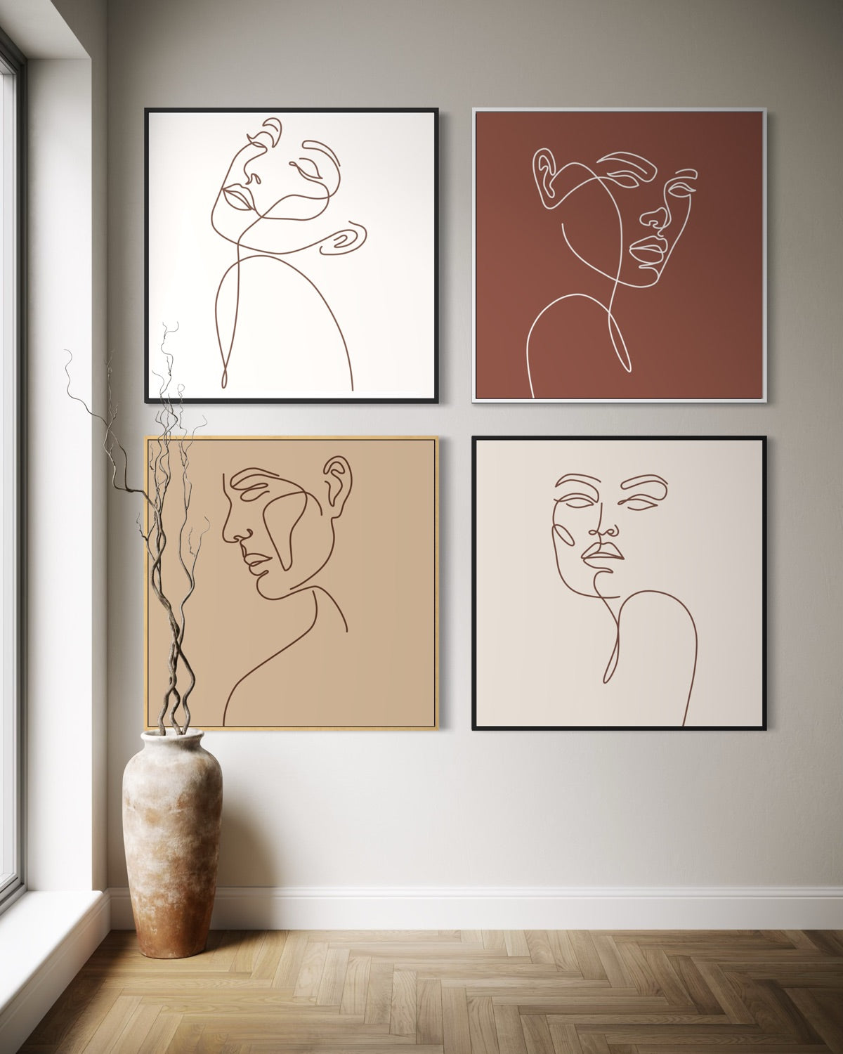 Set di 4 quadri ritratti lineari in cornici, sfondi bianco, beige e rosso