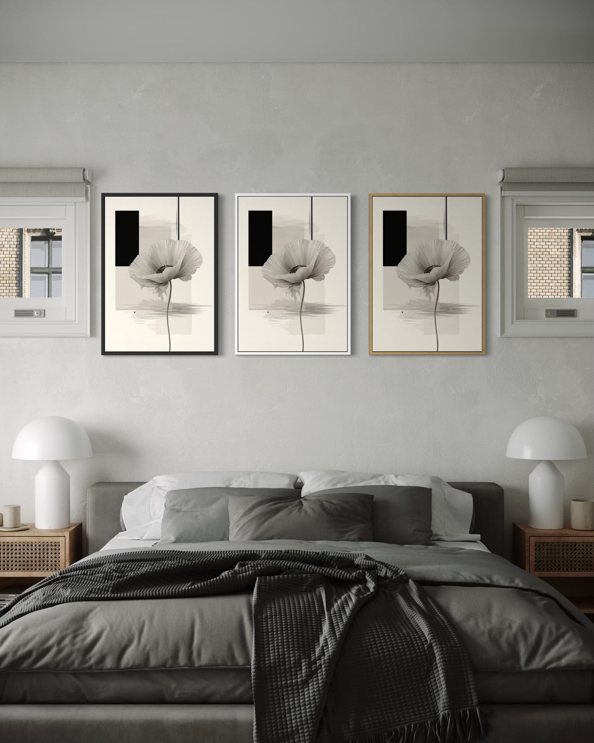 Set 3 stampe incorniciate: fiore d’anemone bianco, sfondo scuro, cornici nero/bianco/oro