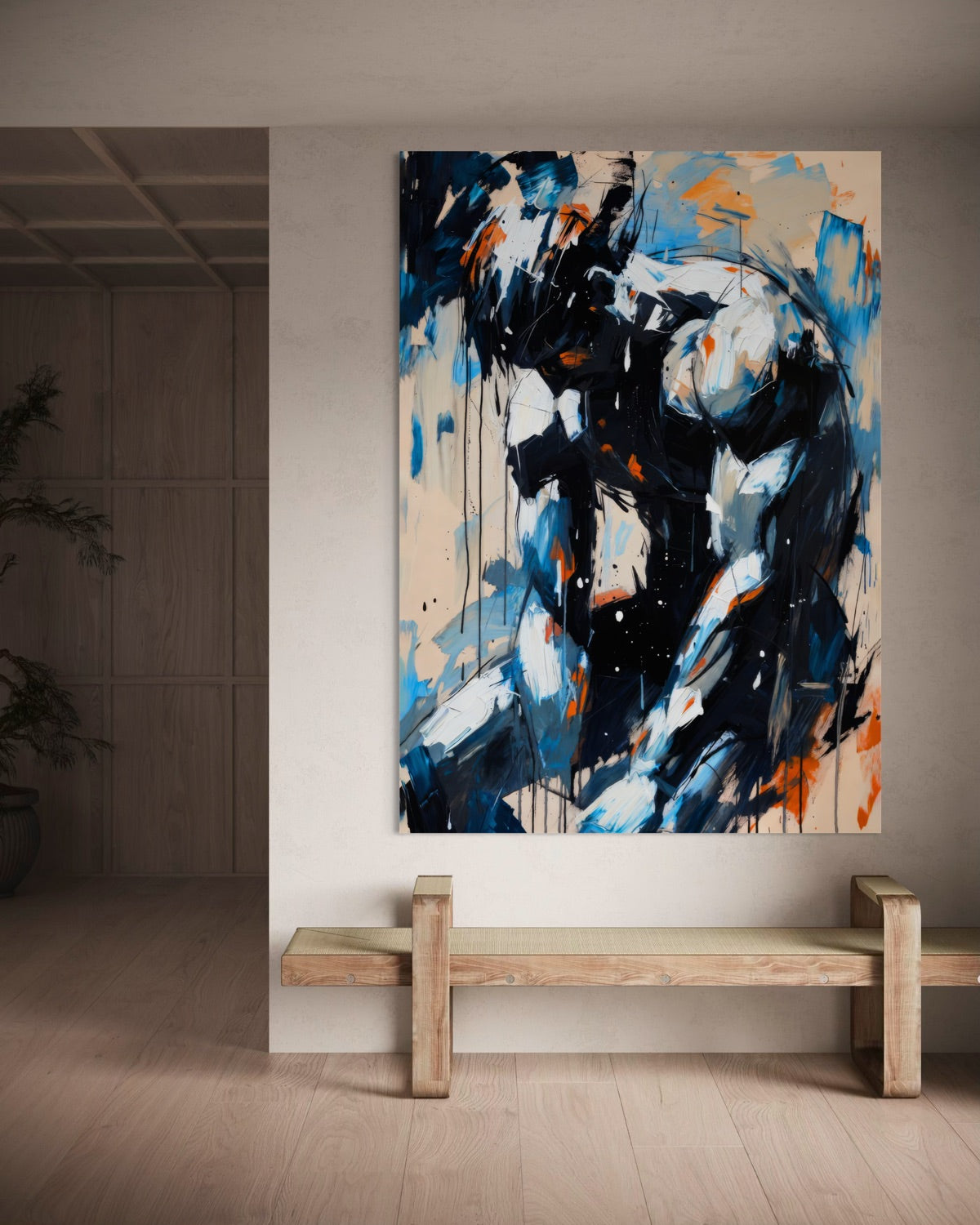 Stampa astratta incorniciata con cornice nera, forme blu e nere su fondo chiaro