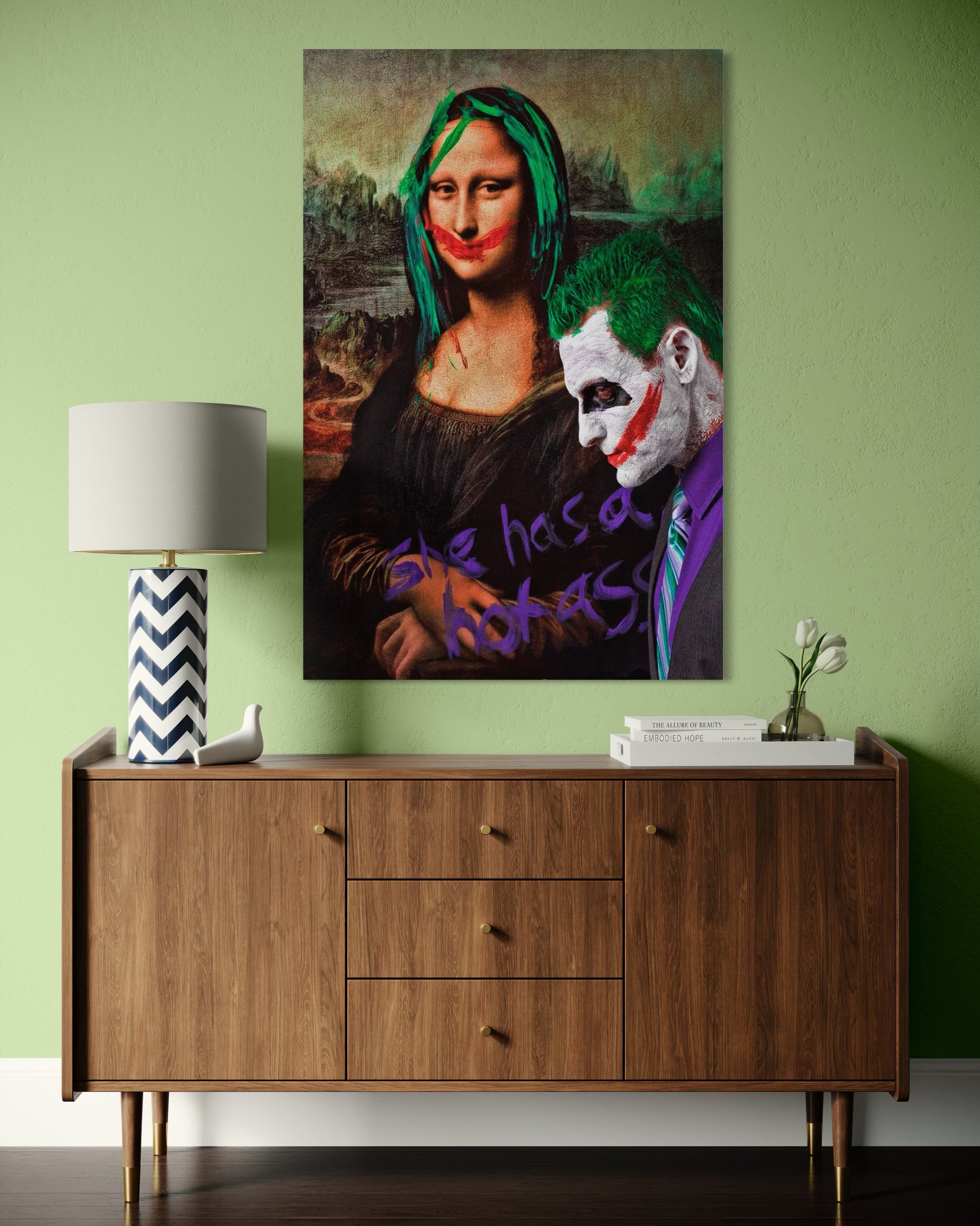 Stampa su tela verticale con ritratto tipo Mona Lisa e volto clown colorato