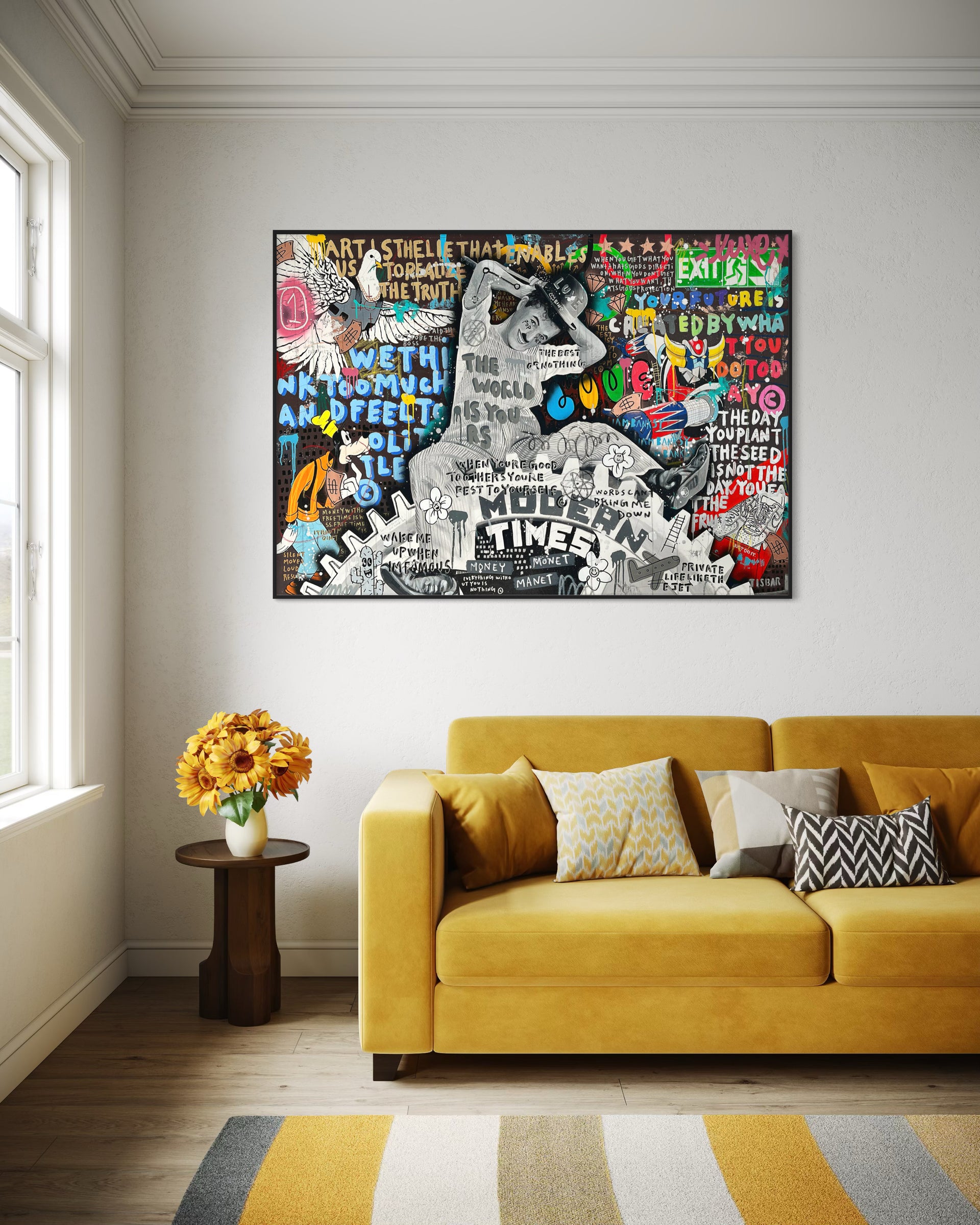 Stampa pop art con cornice nera e grafica multicolore, testo e figure