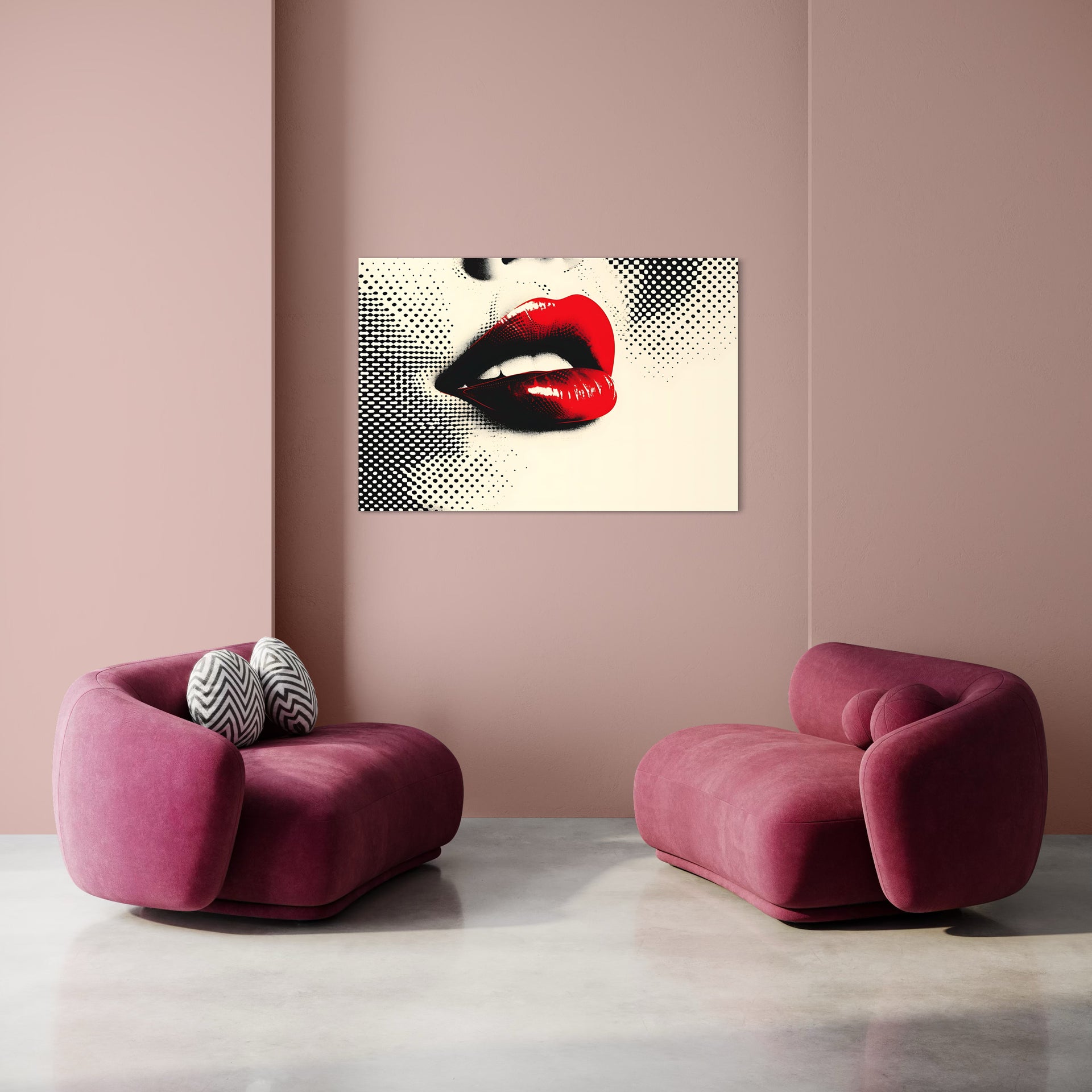 Stampa pop art Kiss con labbra rosse e bacio nero su sfondo puntinato