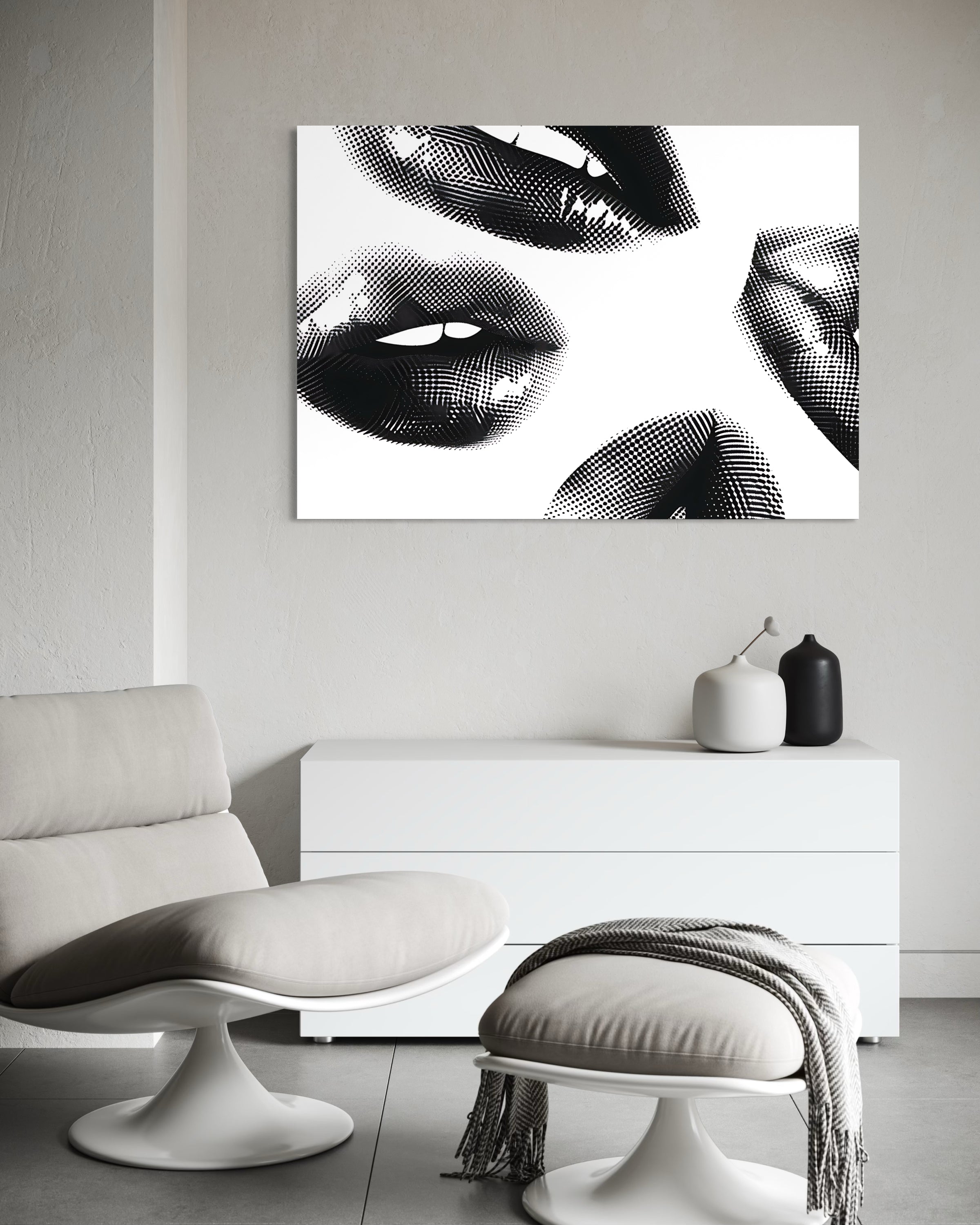 Stampa pop art con labbra in bianco e nero, con cornice
