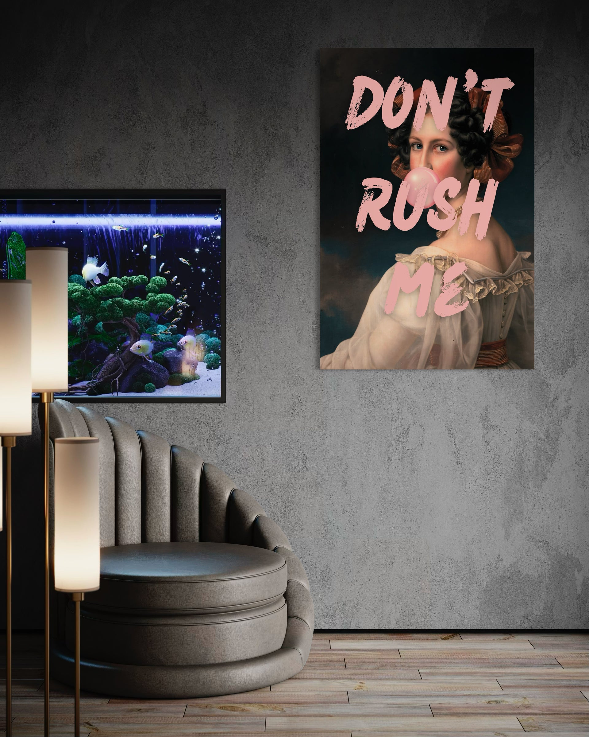 Stampa da parete con illustrazione di donna e scritta rosa “DON'T RUSH ME”