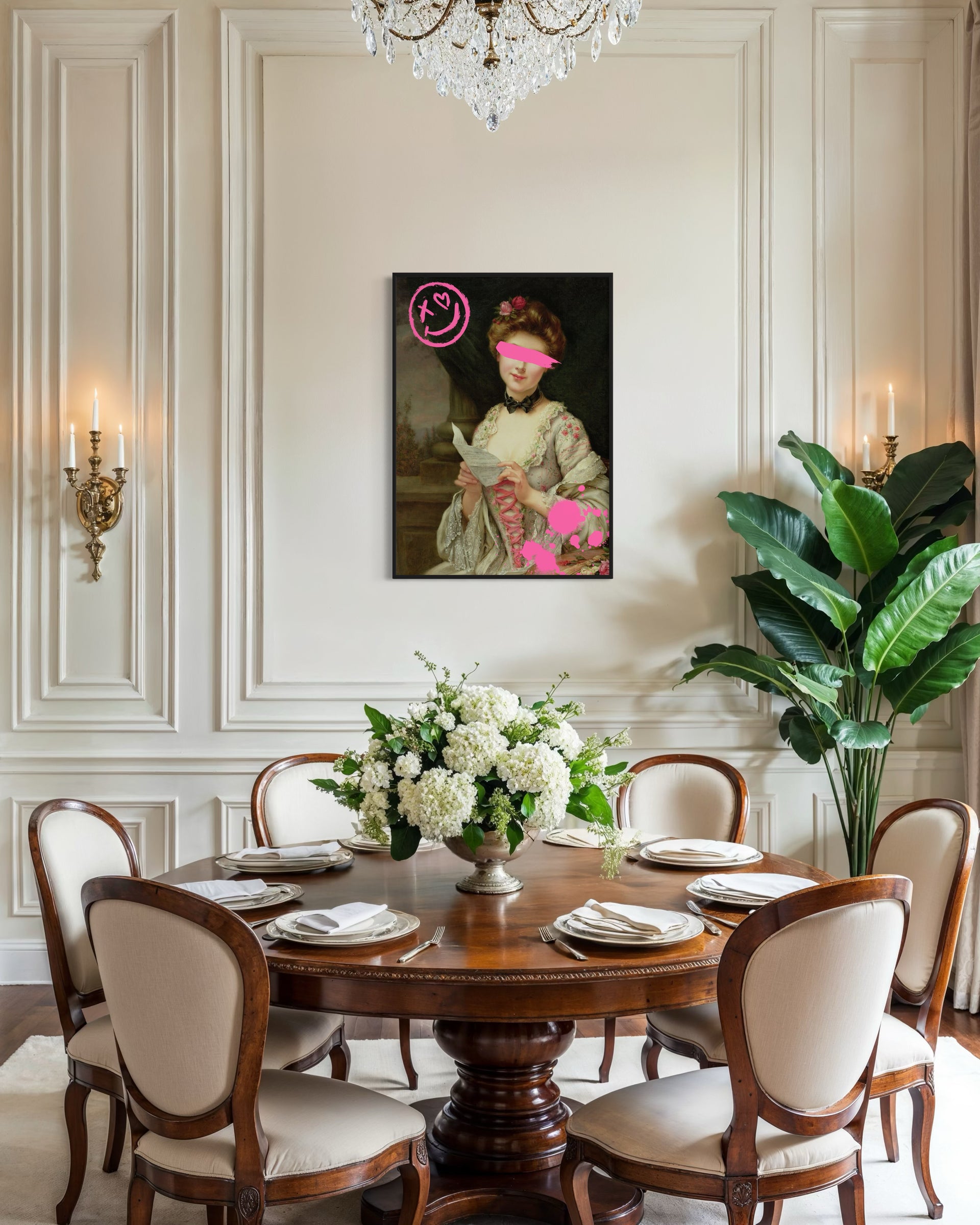 Pink Woman Pop Art con cornice nera, volto stilizzato rosa e verde