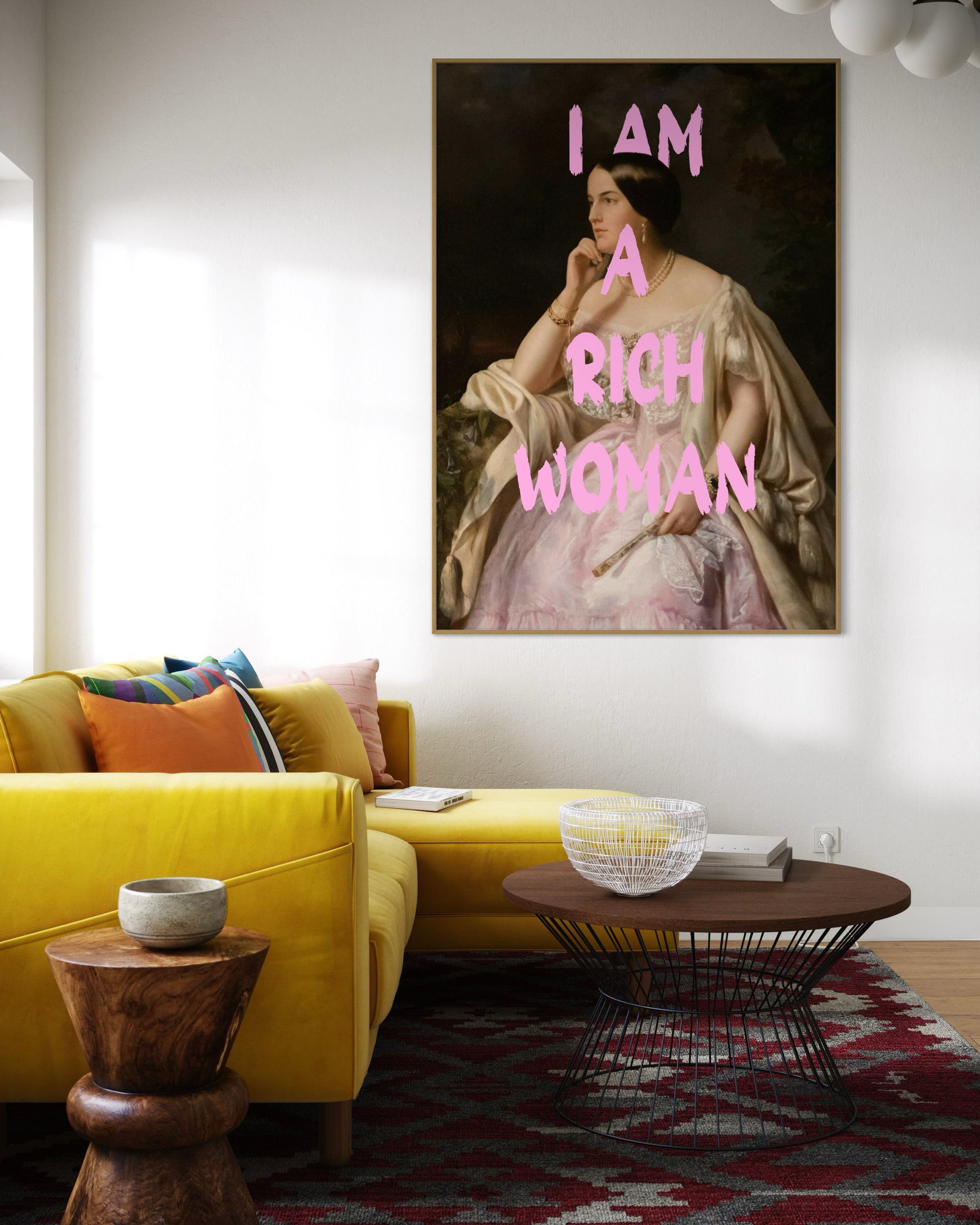 I Am Rich Woman Pop Art poster incorniciato con donna e scritta rosa