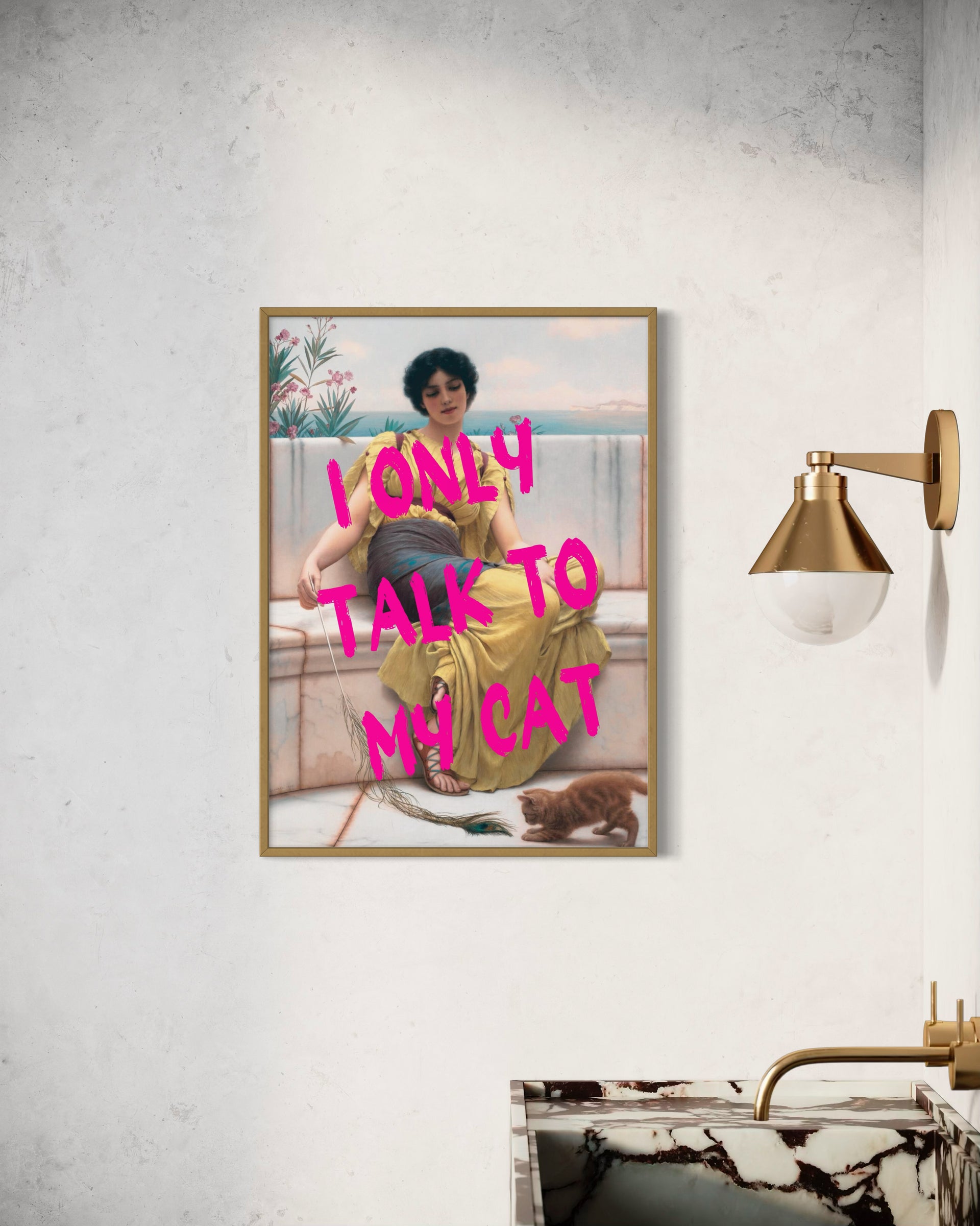 Stampa pop art incorniciata con gatto e scritta “I ONLY TALK TO MY CAT”, cornice oro