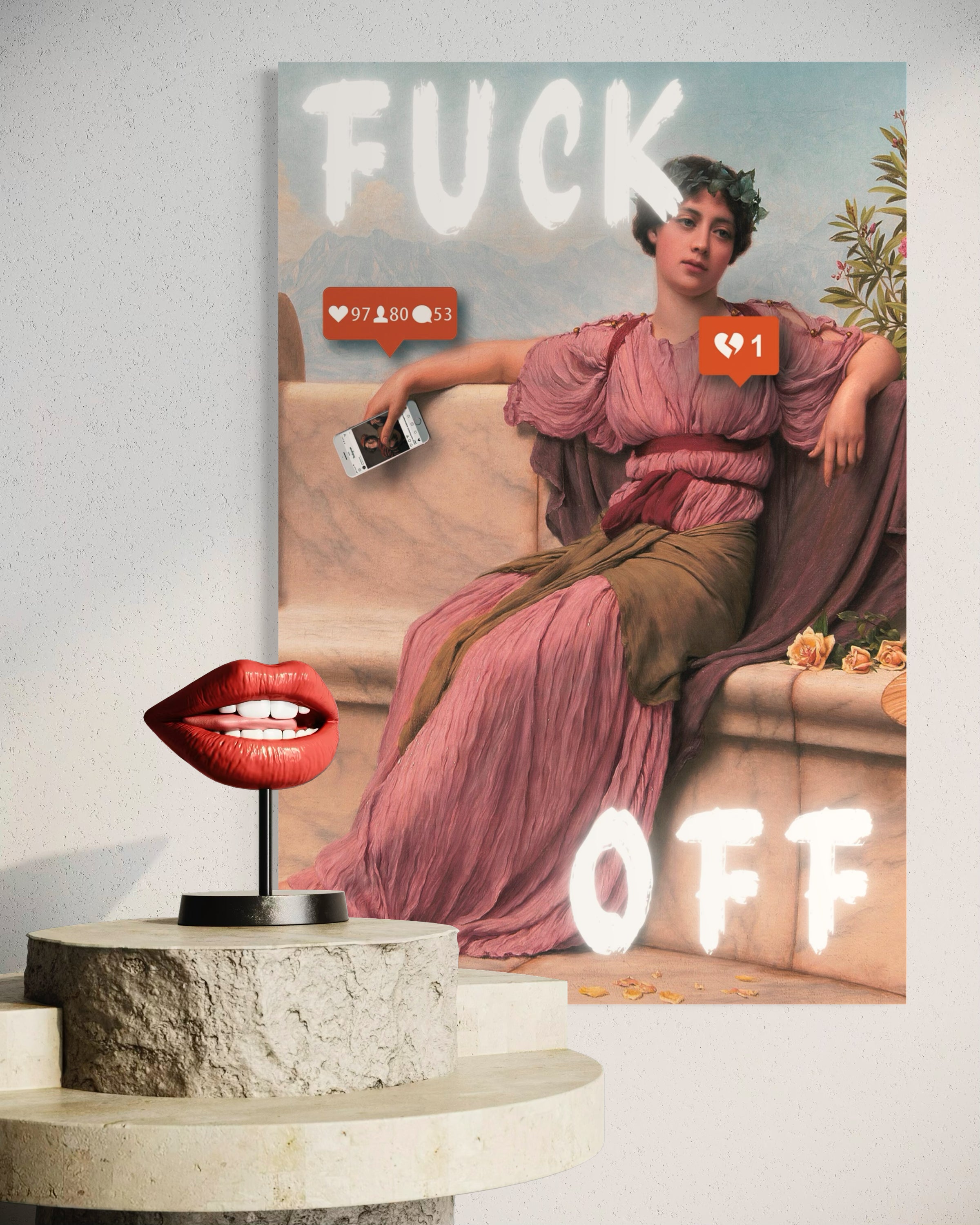Fuck Off Pop Art: poster pop art con scritte e donna in abito rosso