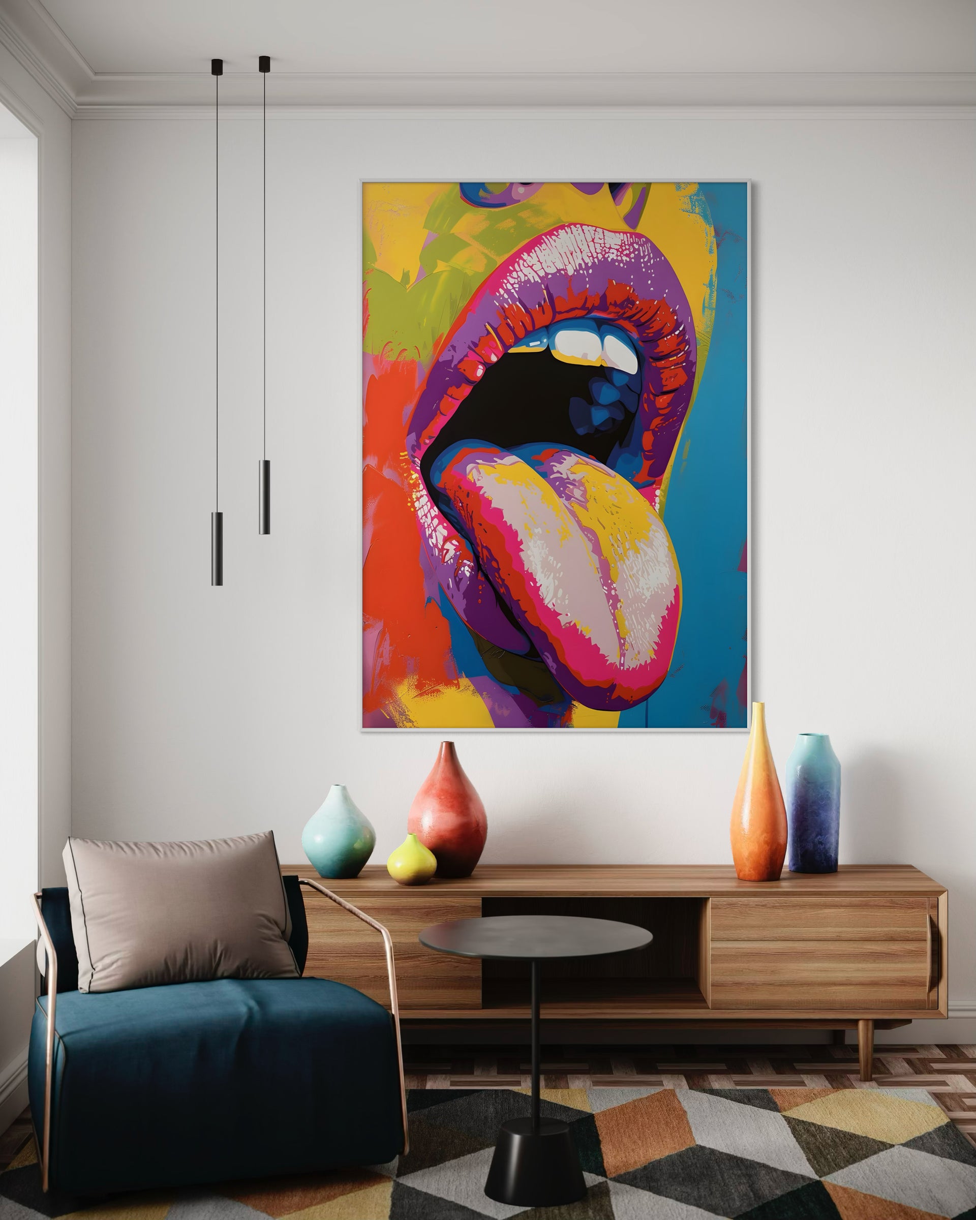 Bleah pop art: stampa pop art con labbra in colori vivaci, cornice sottile