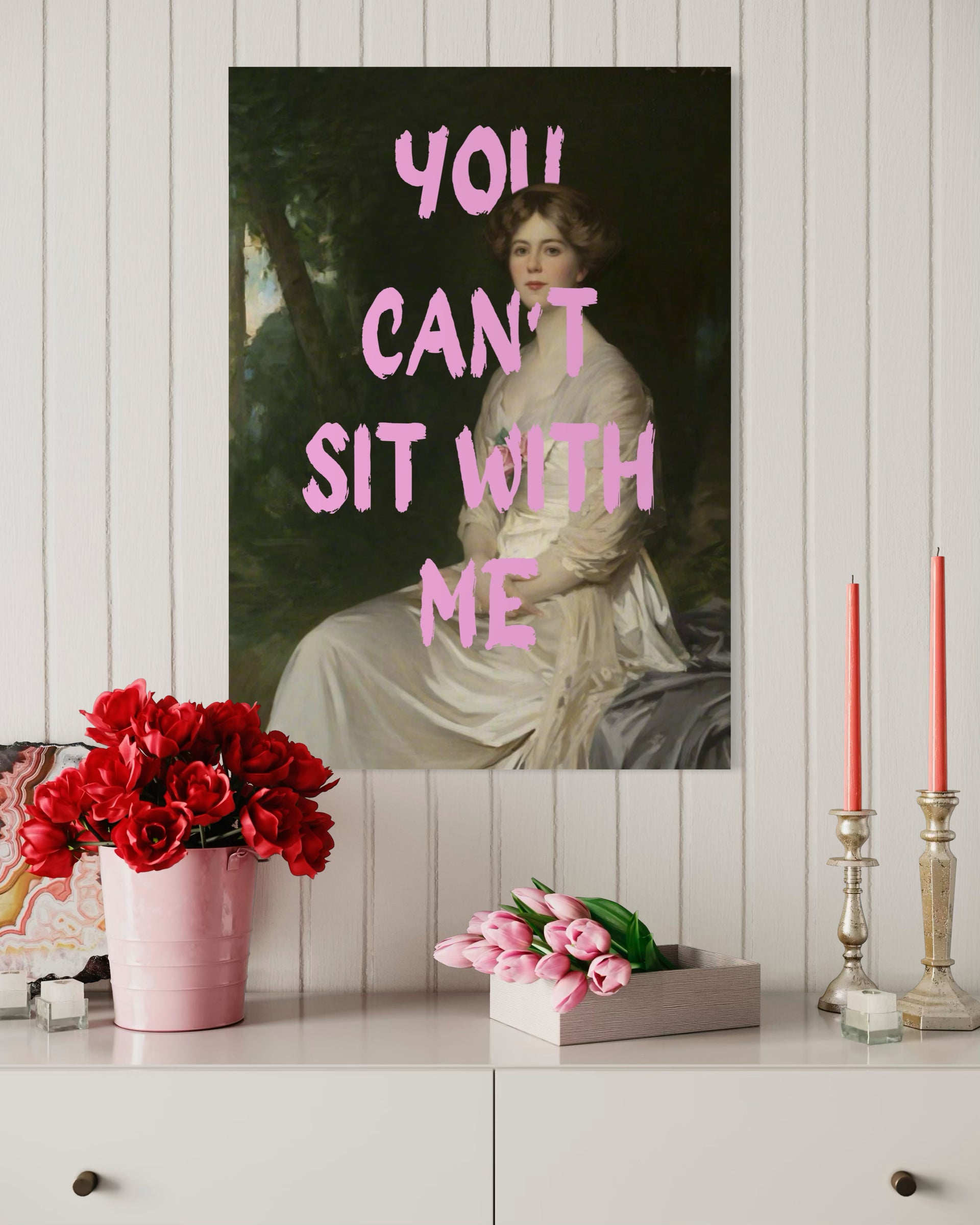 Framed pop art print with text “YOU CAN’T SIT WITH ME” and seated woman.
