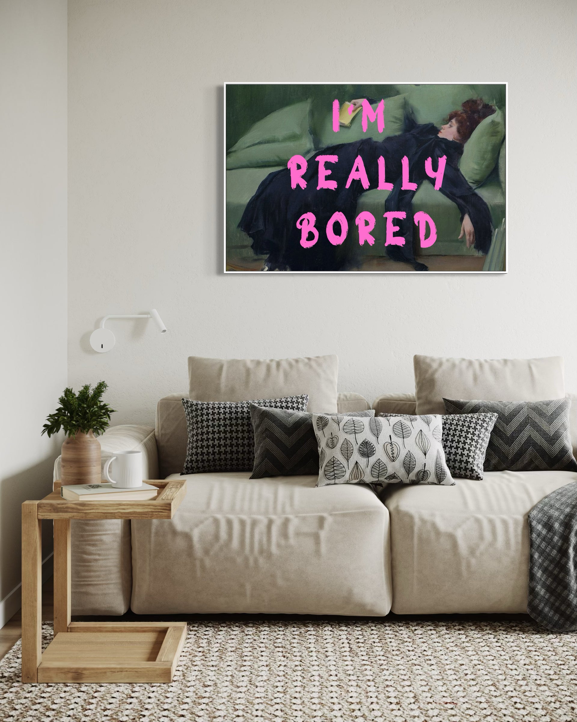 Stampa pop art incorniciata con testo neon “I’M REALLY BORED”
