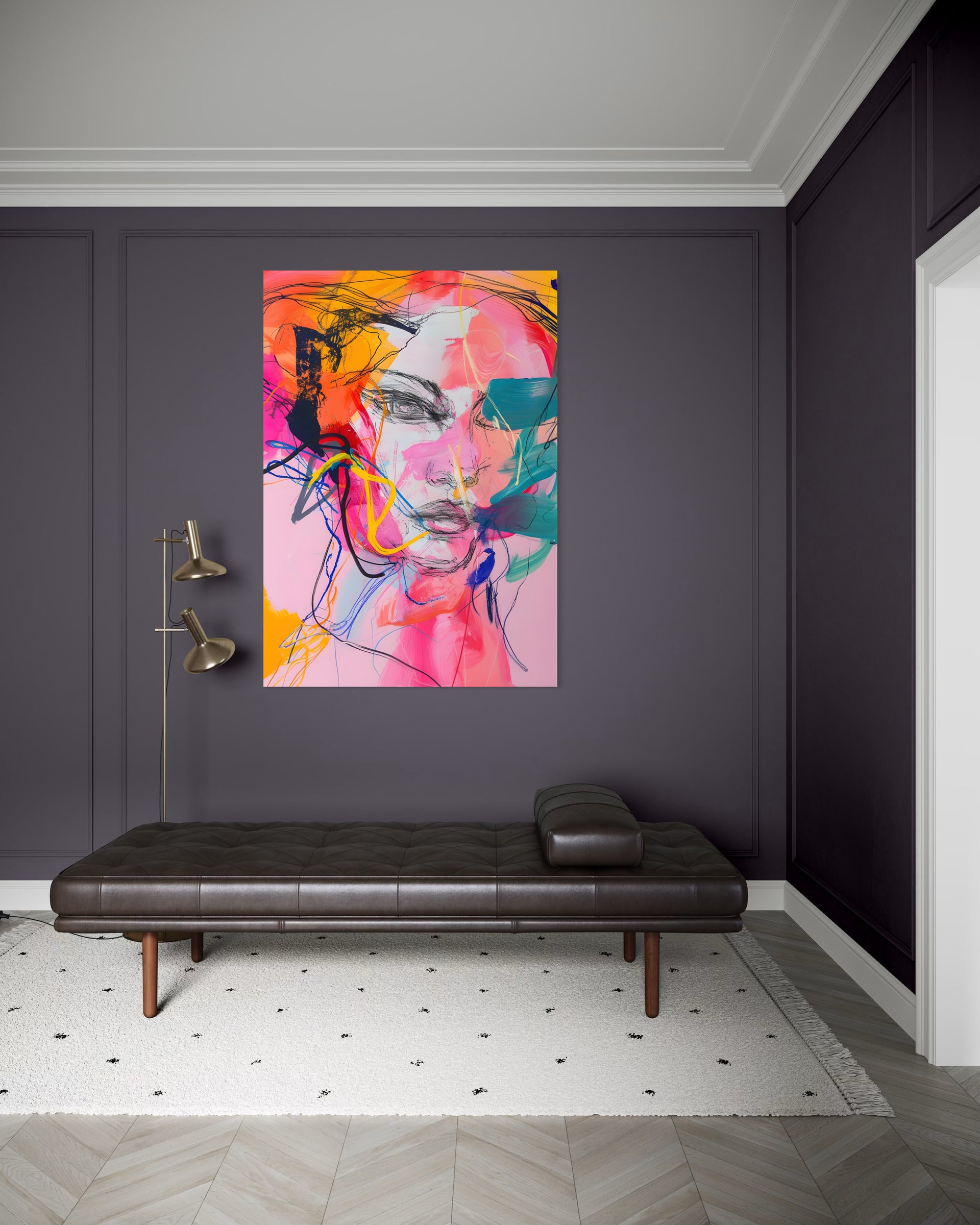 Donna Pop Art Color, stampa incorniciata con volto astratto multicolore.