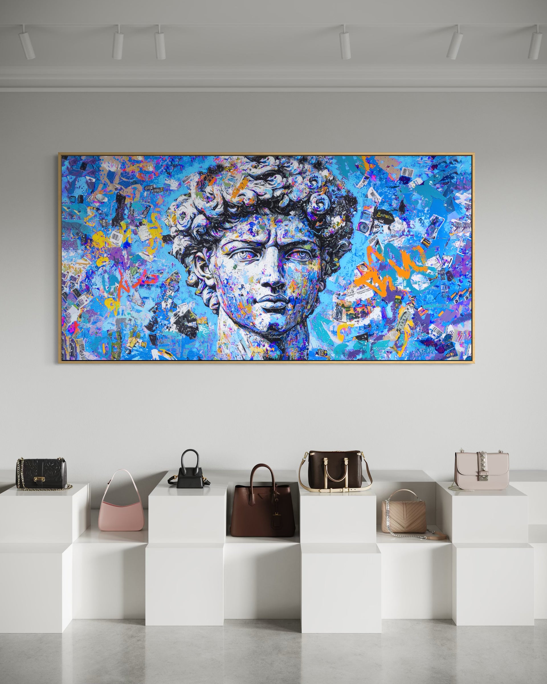David pop art, cornice nera, volto di David in stile pop con frammenti colorati