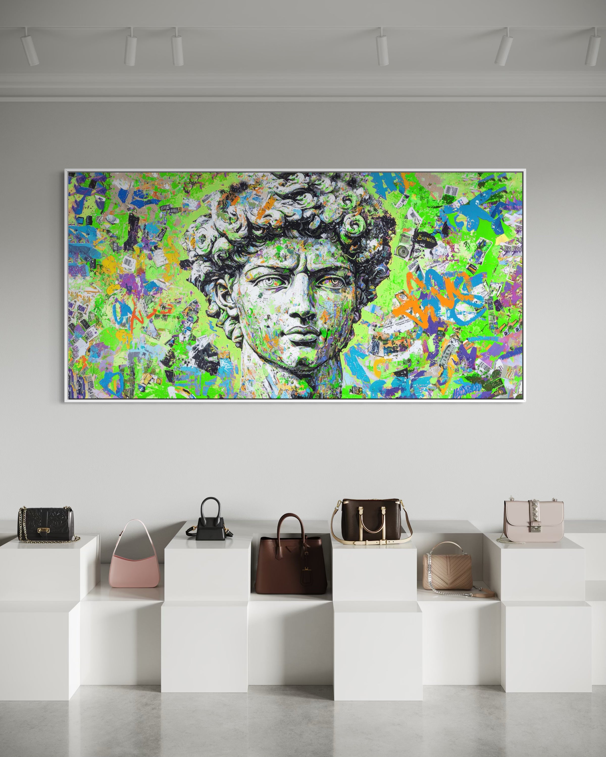 Stampa pop art di David in cornice, volto su sfondo astratto verde-azzurro multicolore.