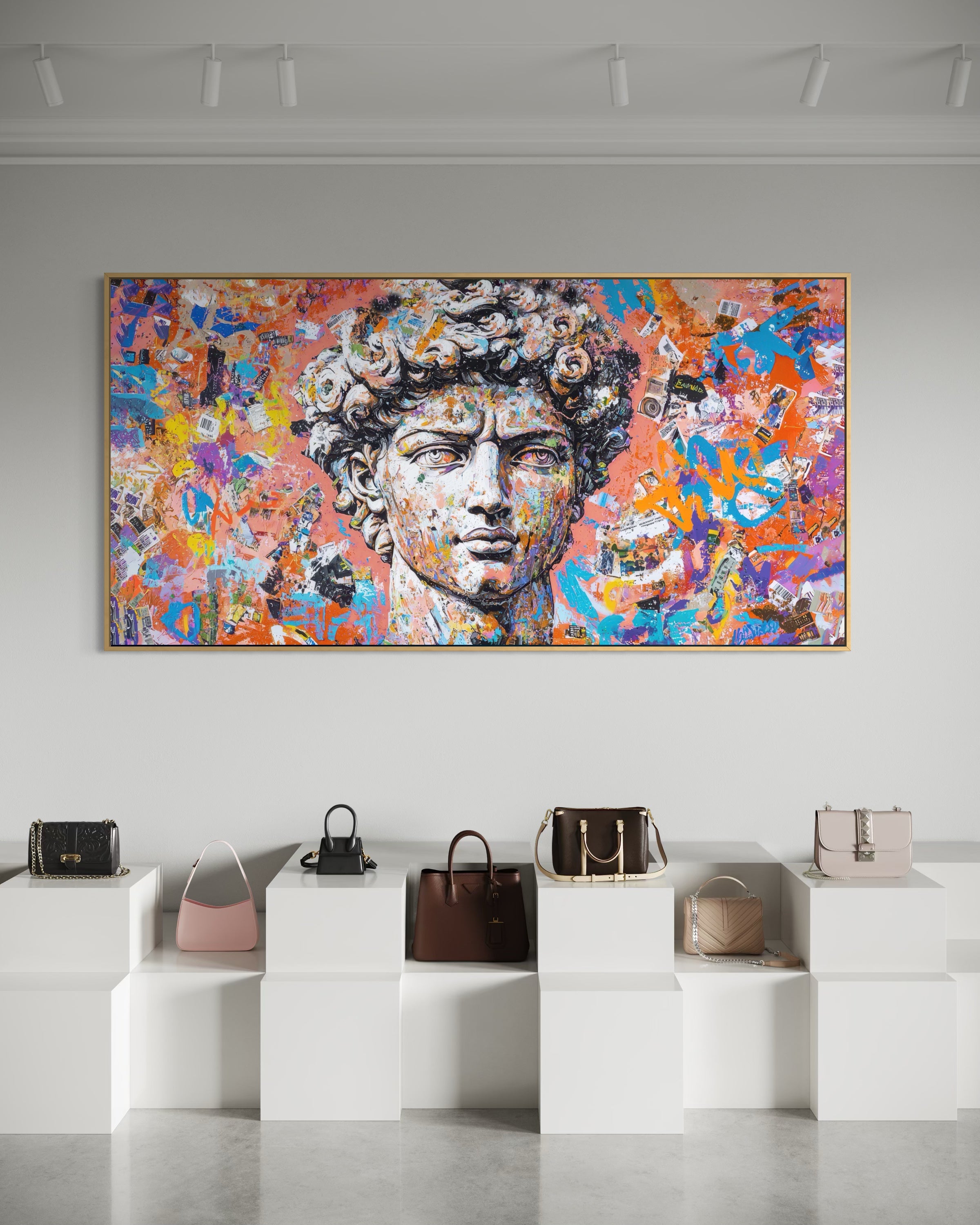Stampa pop art di David in cornice, volto su sfondo astratto arancione-blu con tocchi viola.