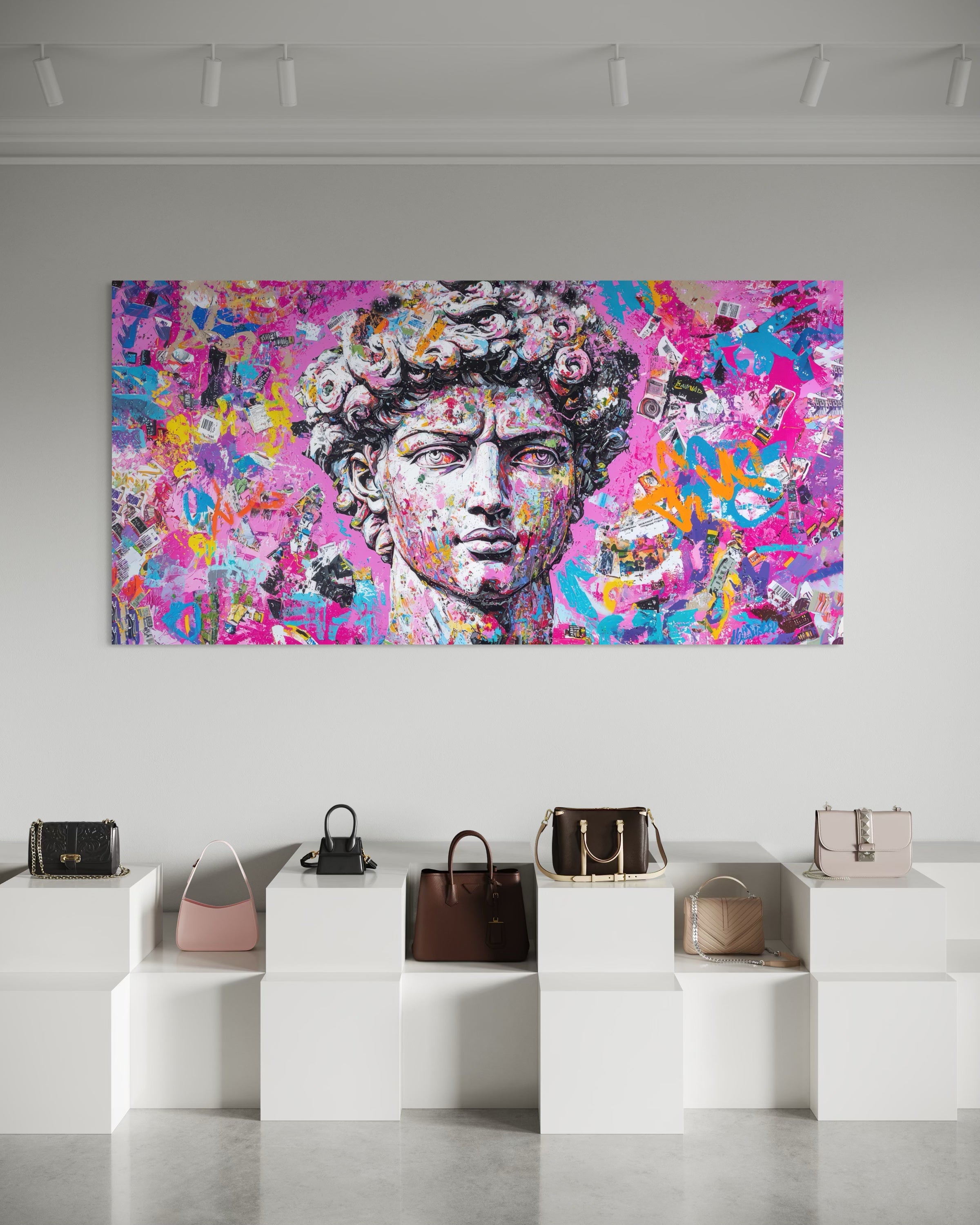 Stampa pop art di David in cornice, volto su sfondo astratto rosa-viola multicolore.