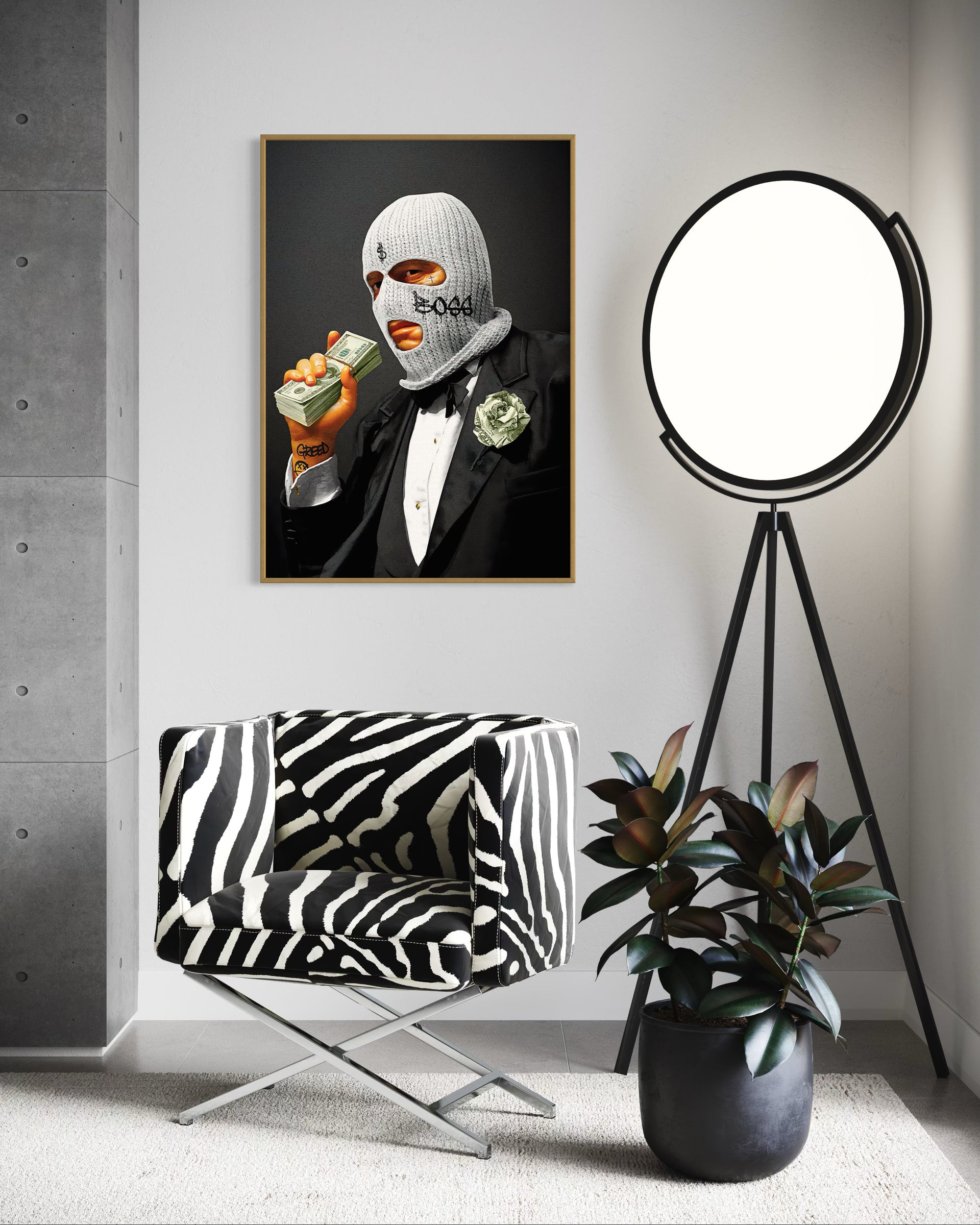 Vandalized Art Boss con cornice dorata: figura con cappuccio e papillon, in abito scuro.