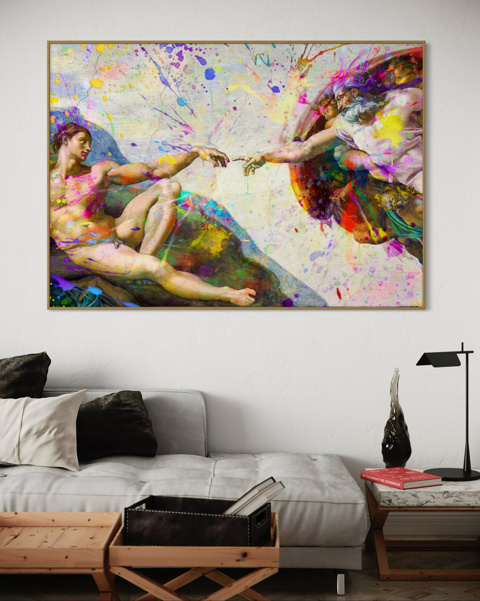 Pop La Creazione Color: quadro astratto con figure, cornice dorata, colori vivaci