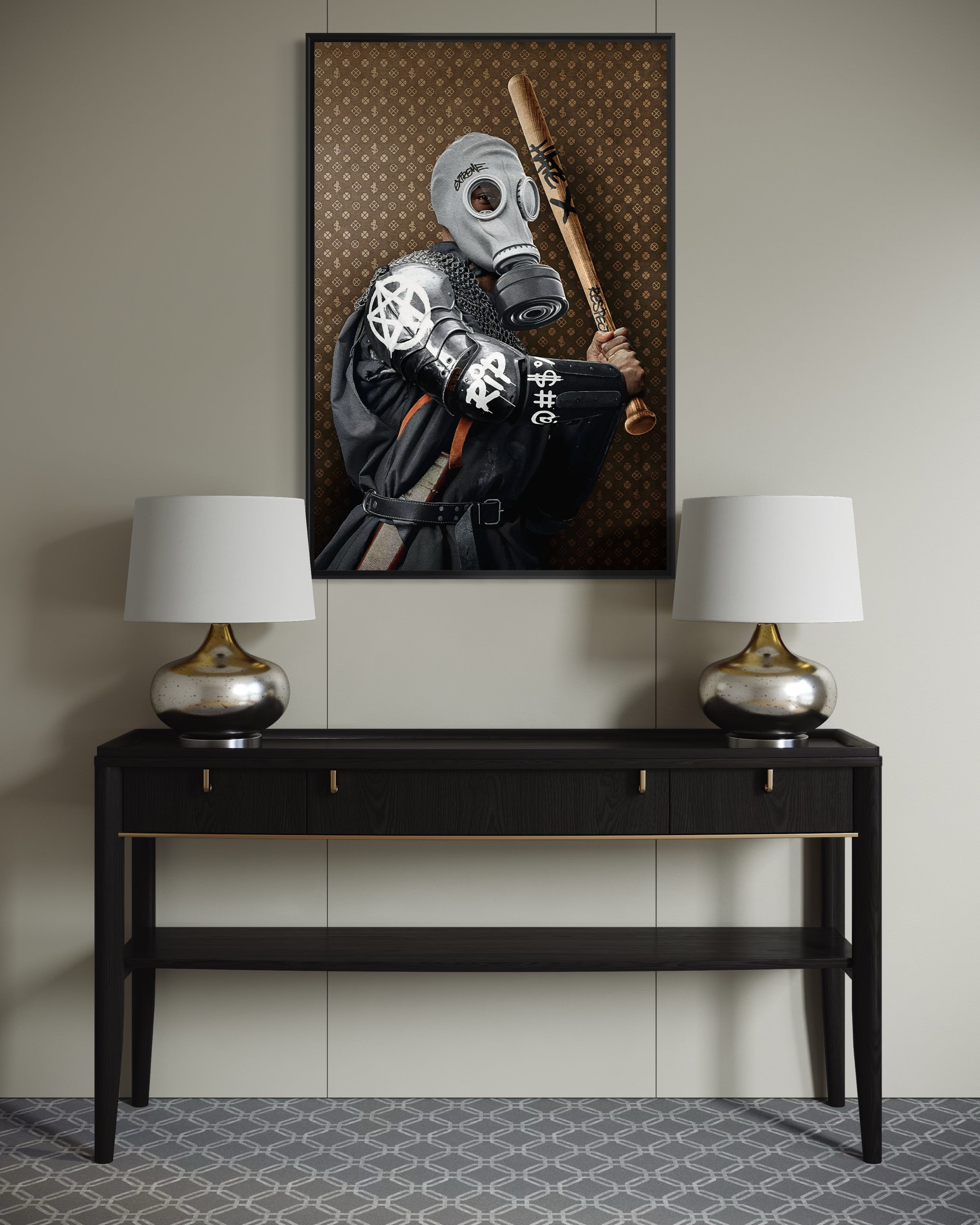 Stampa pop art incorniciata con personaggio in maschera e cappotto scuro