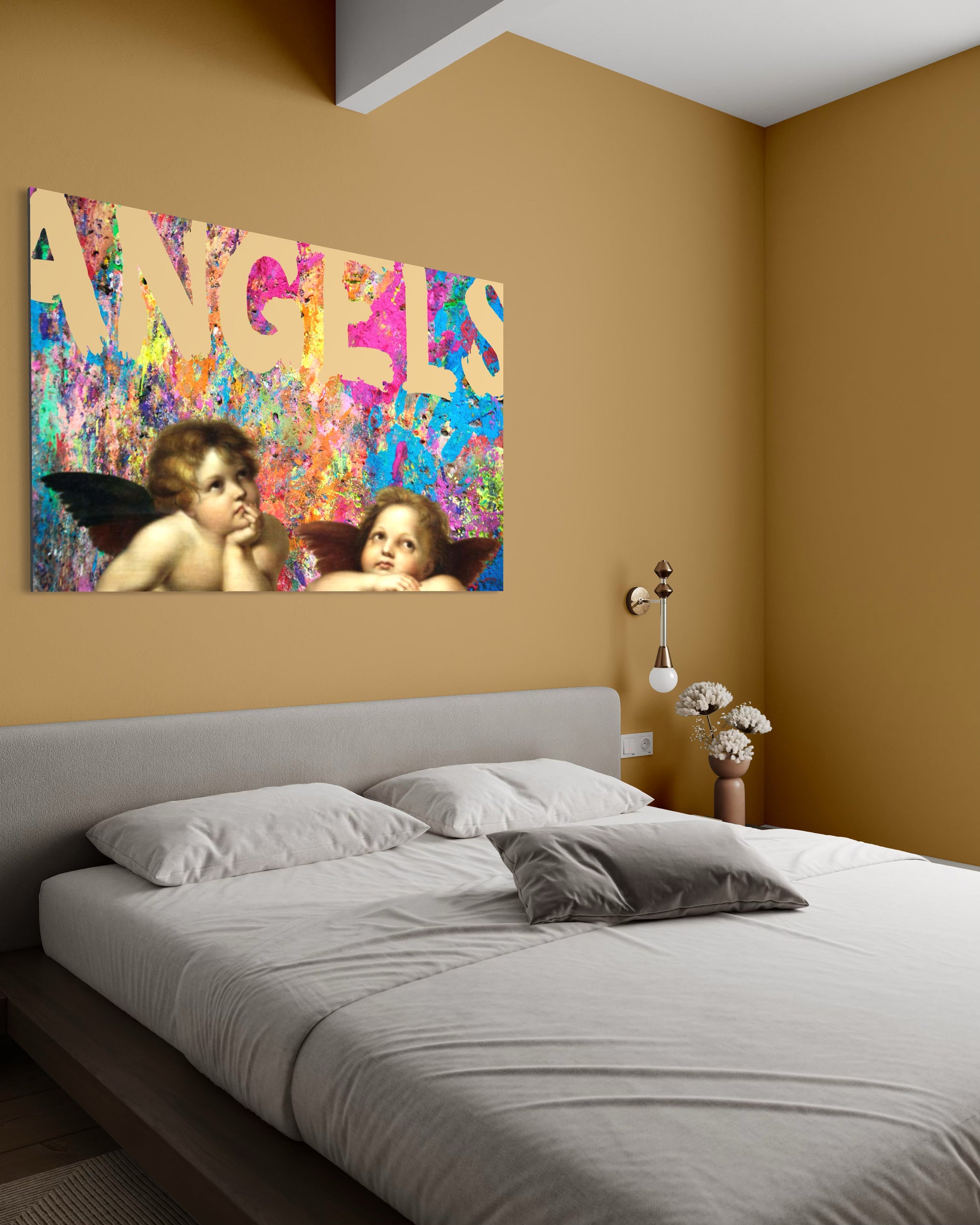 Quadro pop art Angeli con scritta colorata e volti di angeli su sfondo vivace