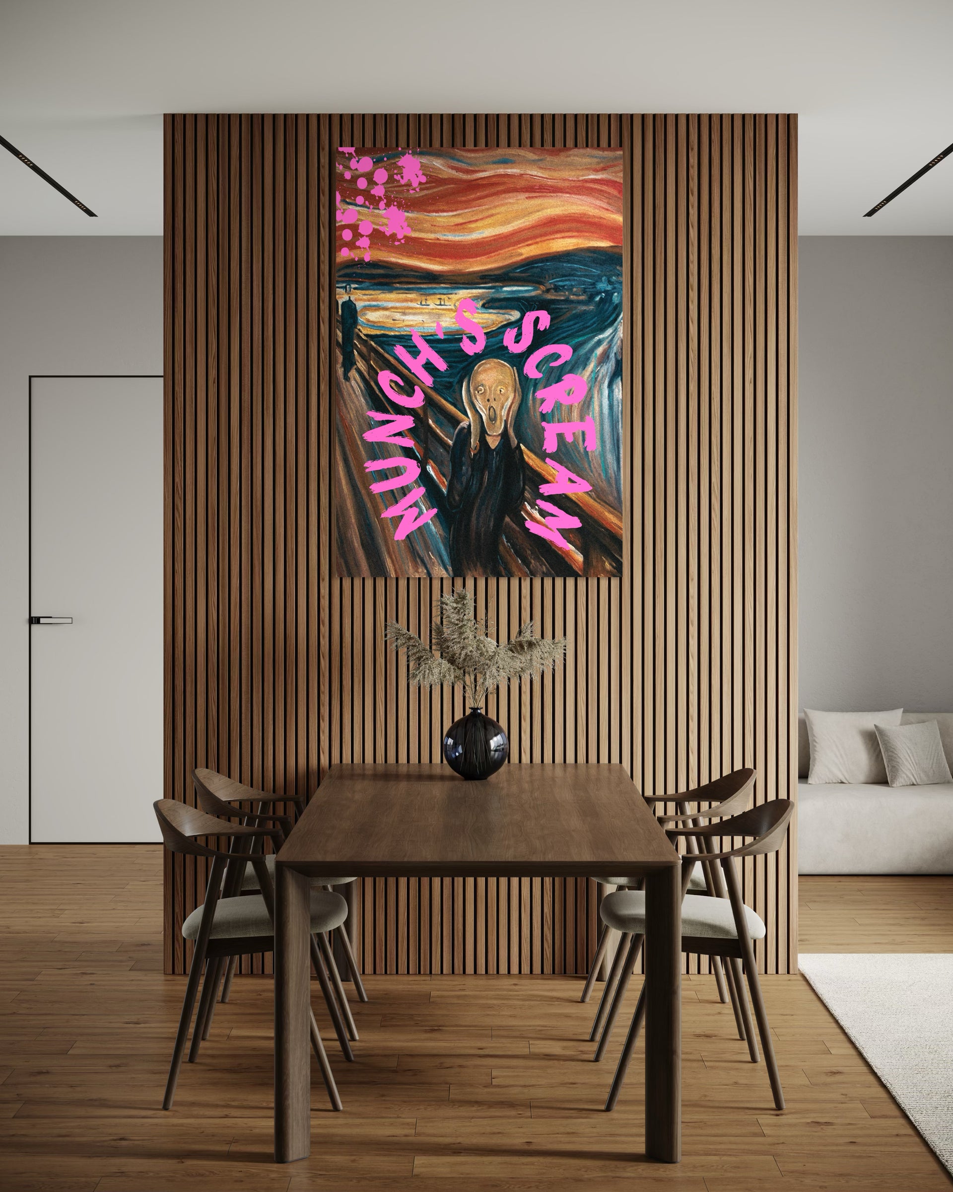 Framed vertical artwork of Munch's Scream: ocean waves, pink letters, dark figure.