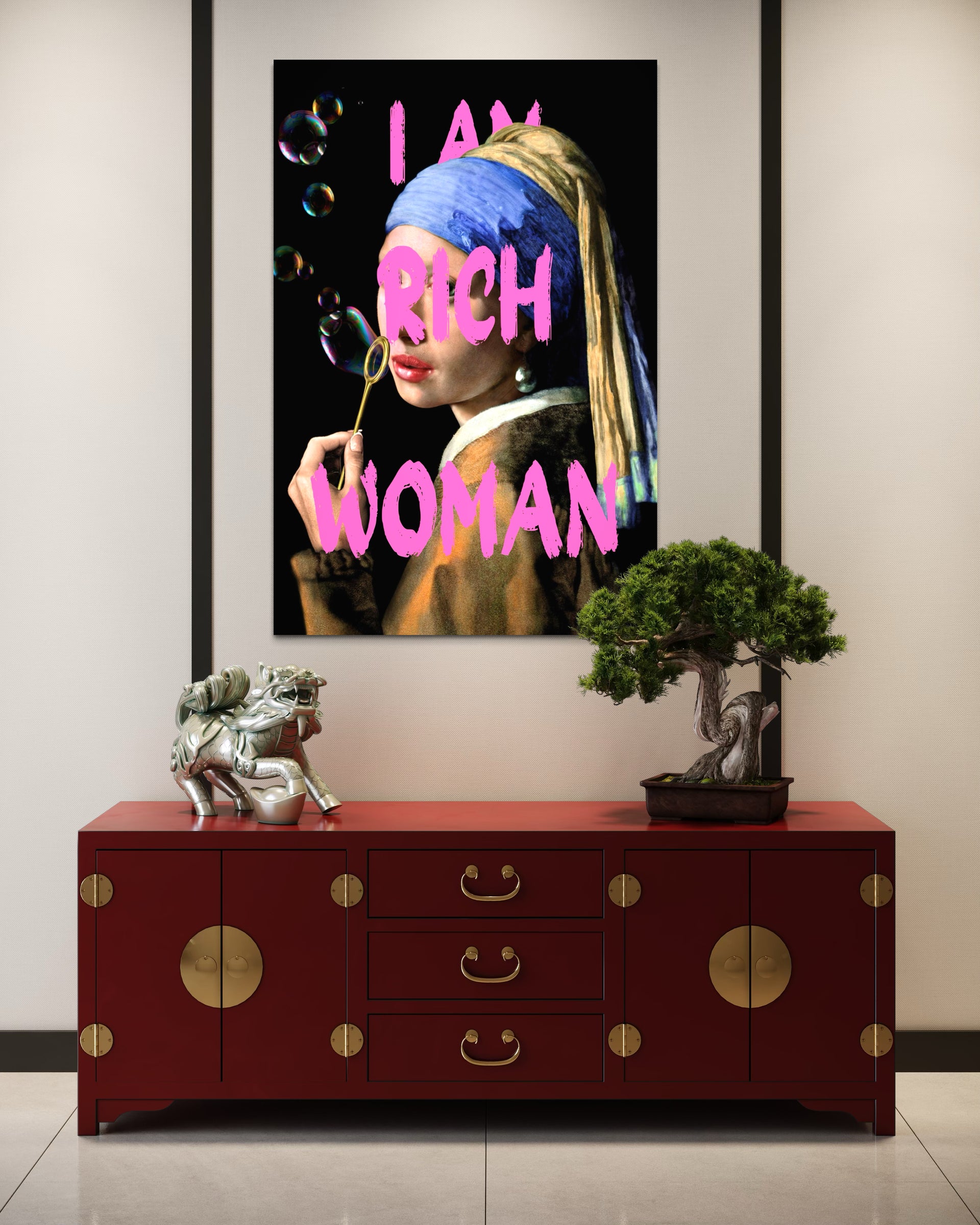 Stampa pop art Rich Woman: ritratto di donna in stile pop, con scritte rosa