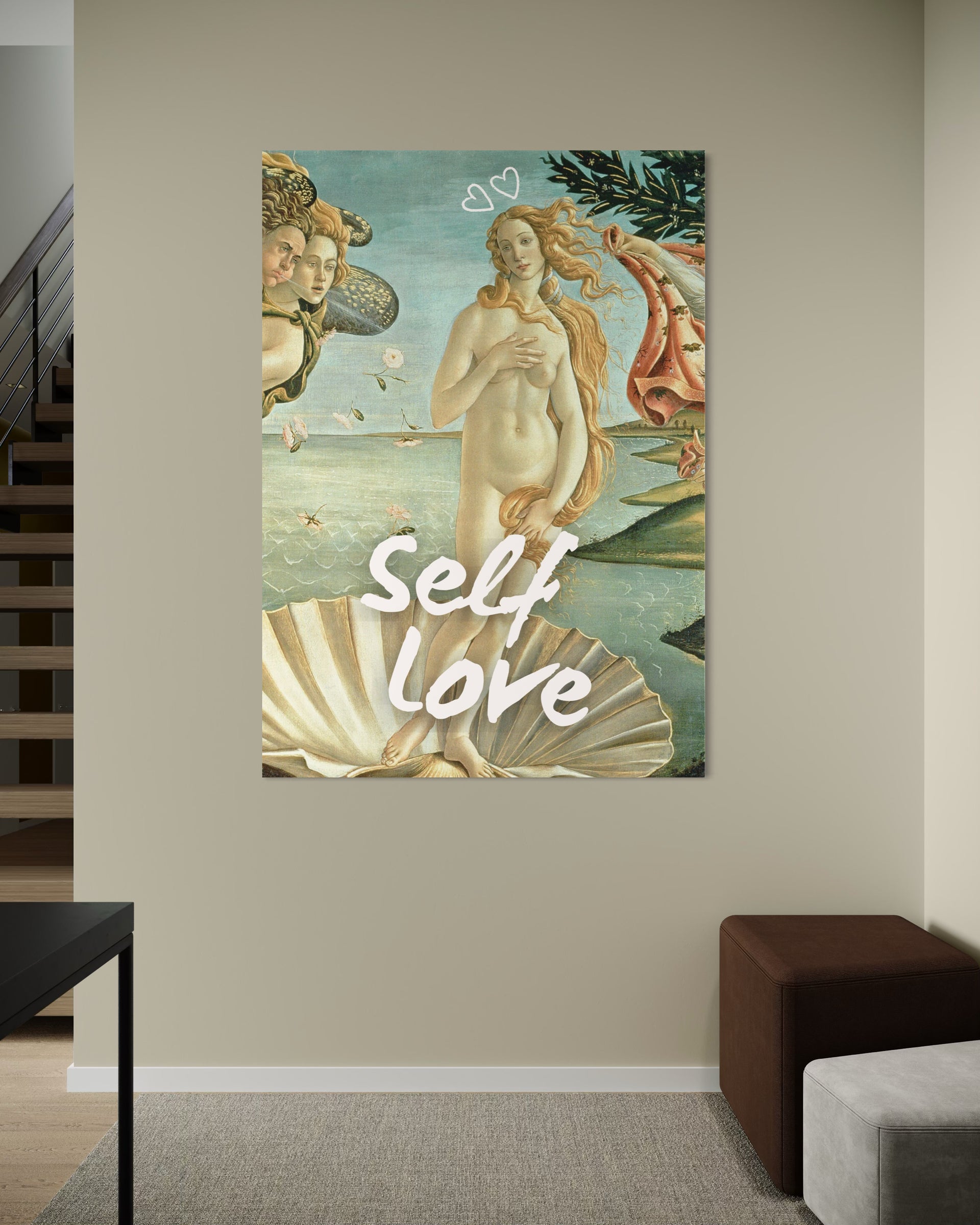 Stampa “Self love” con Afrodite nuda e figure classiche su sfondo azzurro