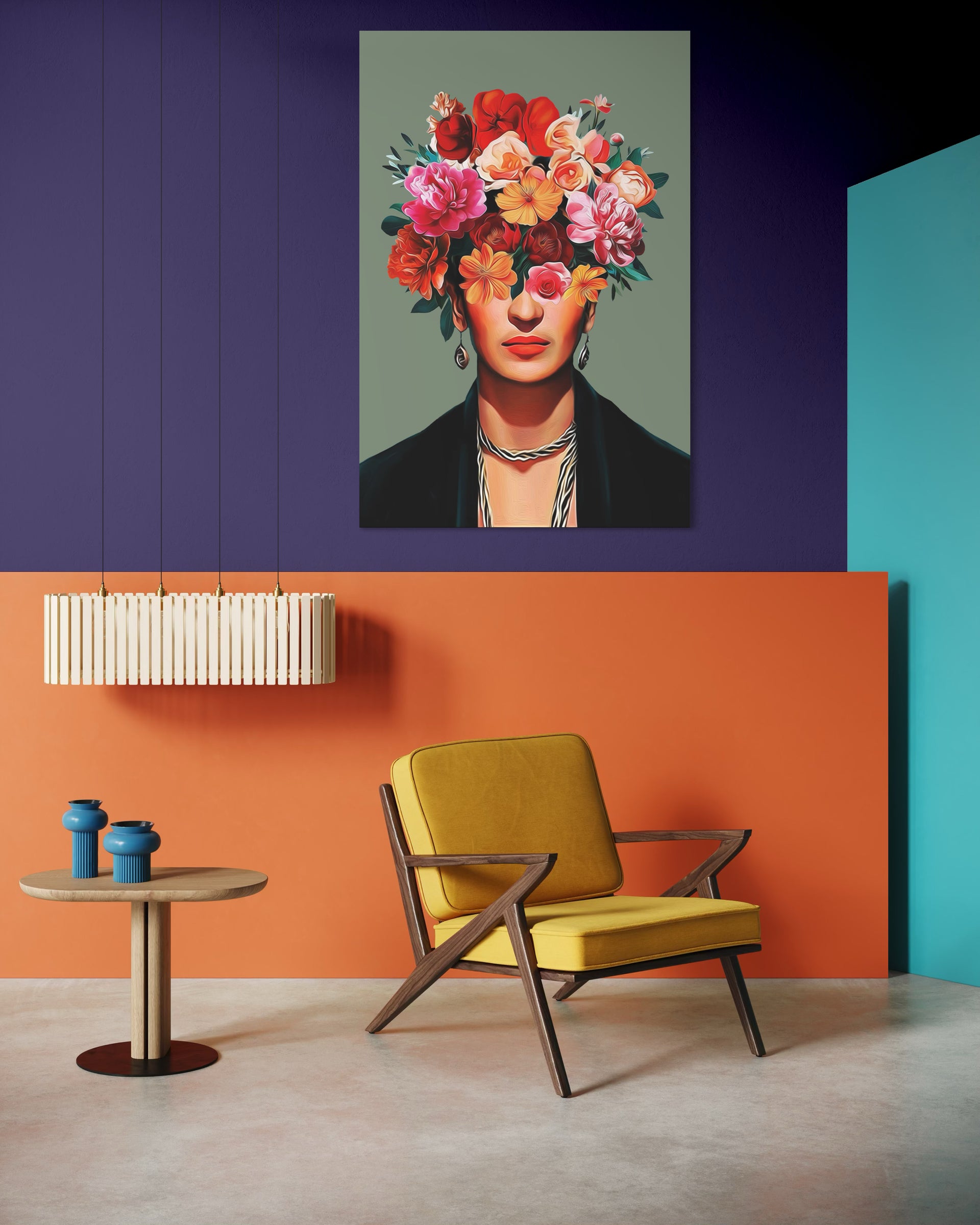 Frida testa fiori: ritratto con testa adornata da fiori colorati, sfondo verde