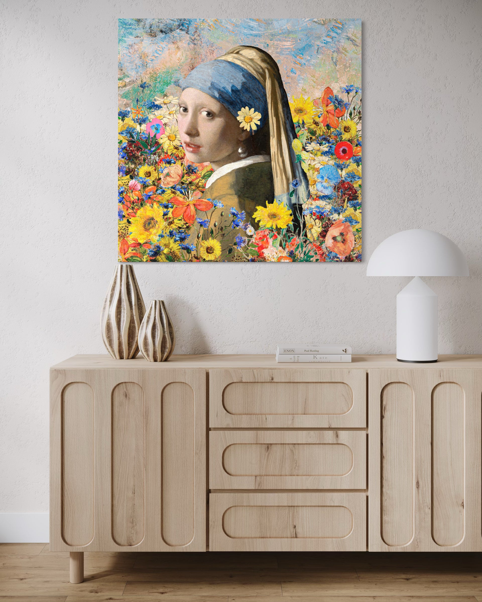 Vermeer flowers: stampa quadrata con ritratto femminile e fiori colorati