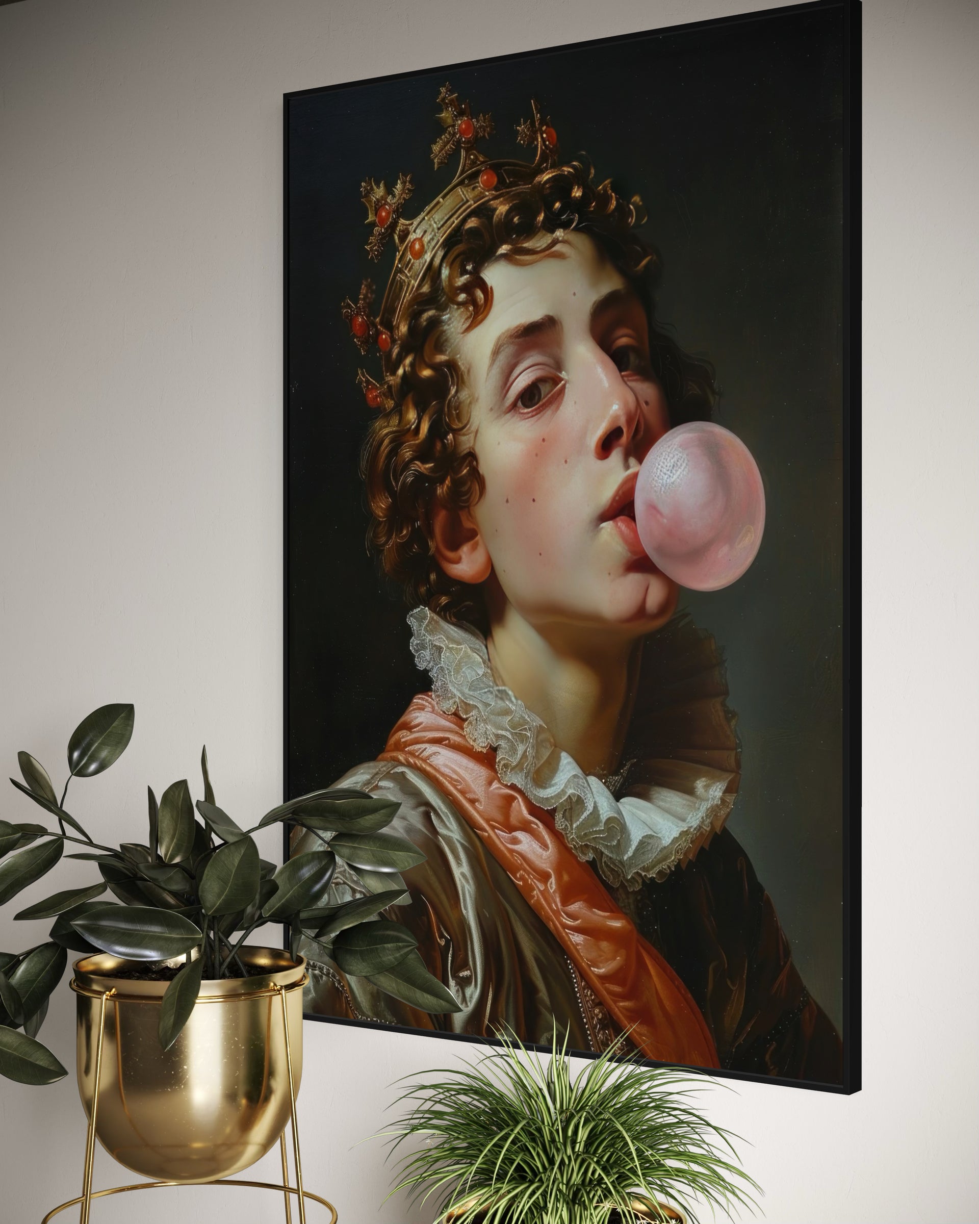 King pop art con cornice nera, volto femminile con corona e bolla rosa