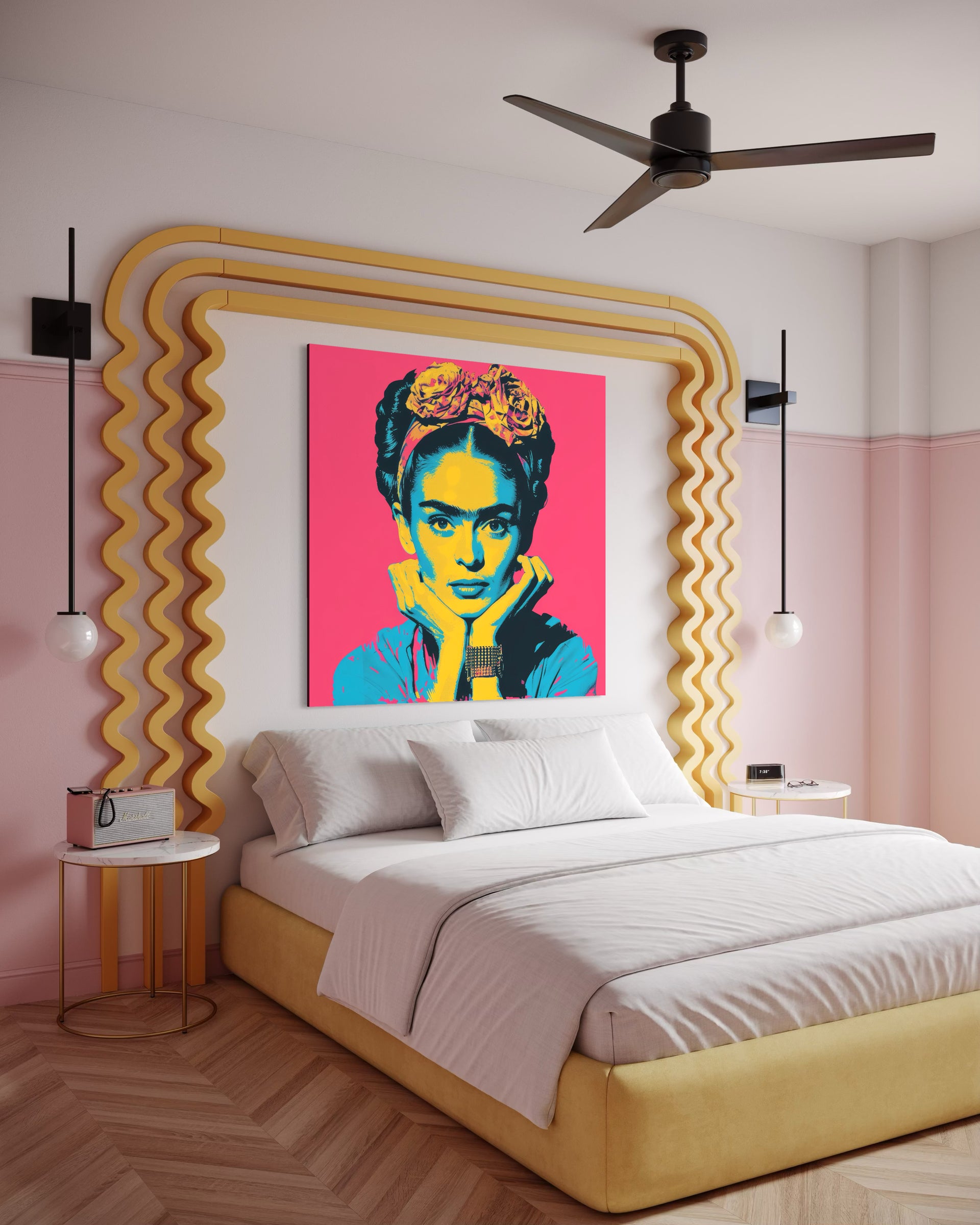Quadro pop art con ritratto di Frida, cornice ondulata gialla e rosa