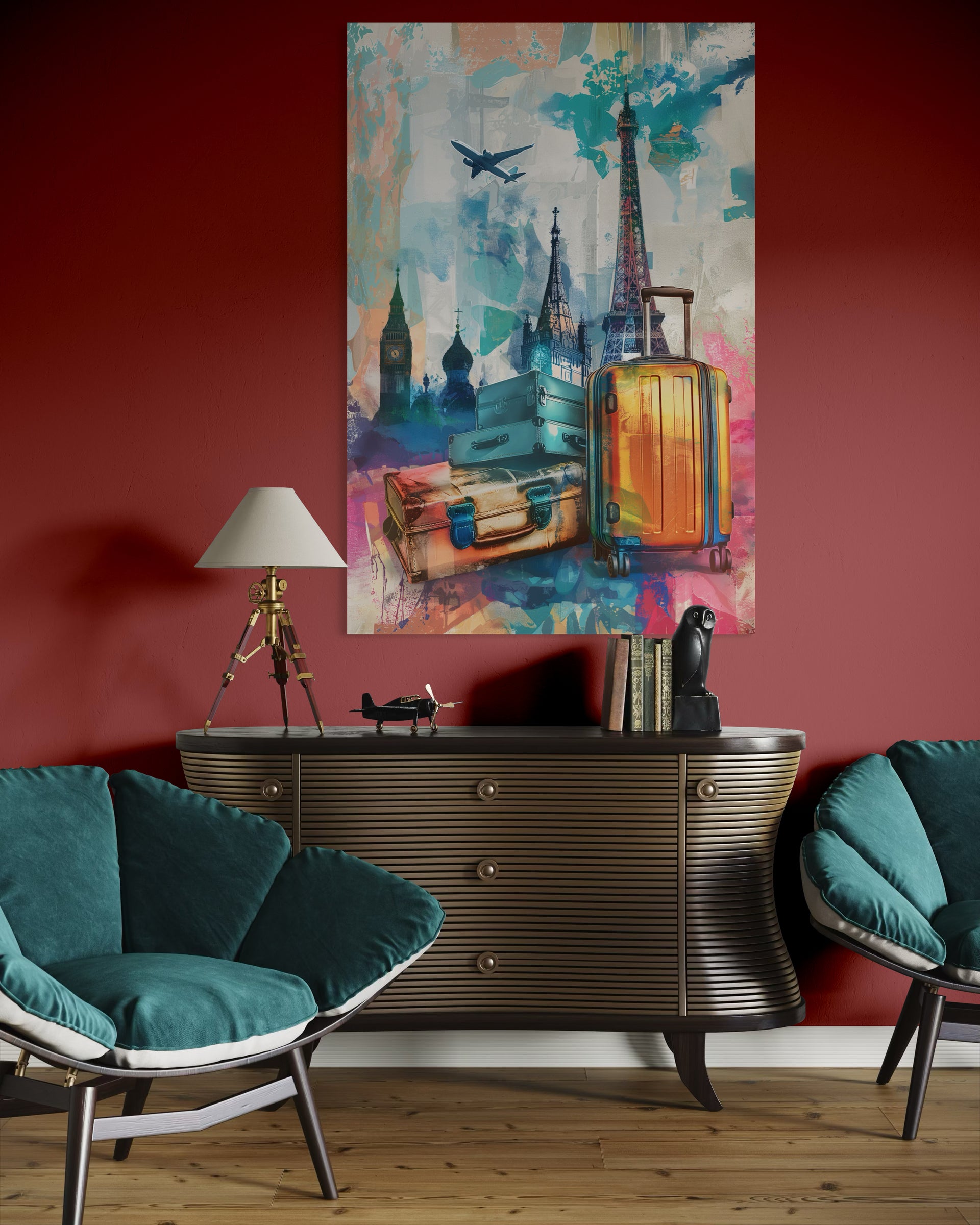 Stampa pop art con skyline e aereo, cornice rettangolare multicolore