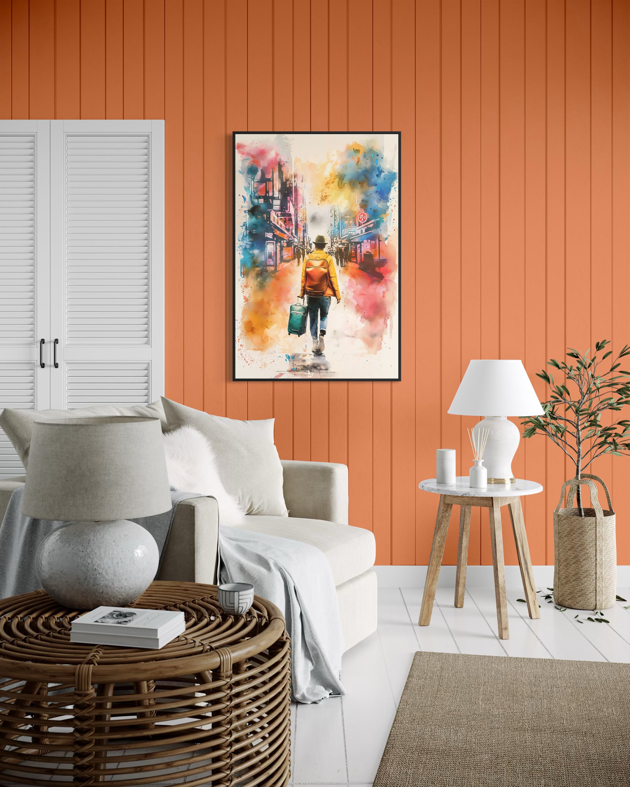 Stampa pop art con cornice nera: figura con zaino e colori vivaci