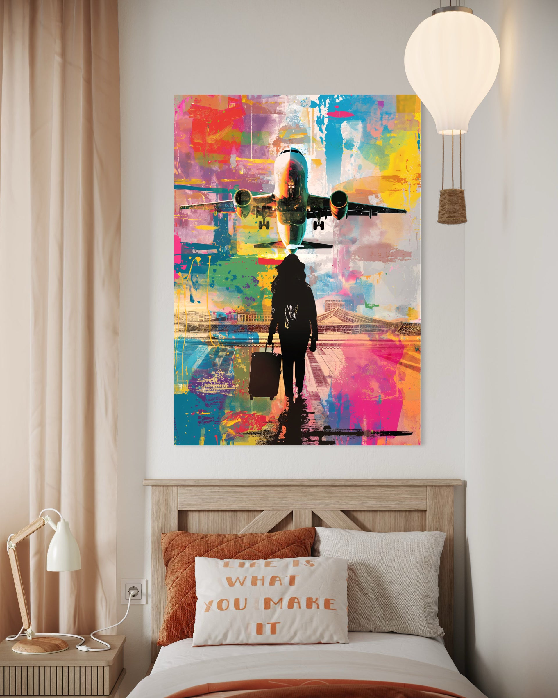 Sogni pop art: quadro con figura e aereo stilizzato, colori vivaci