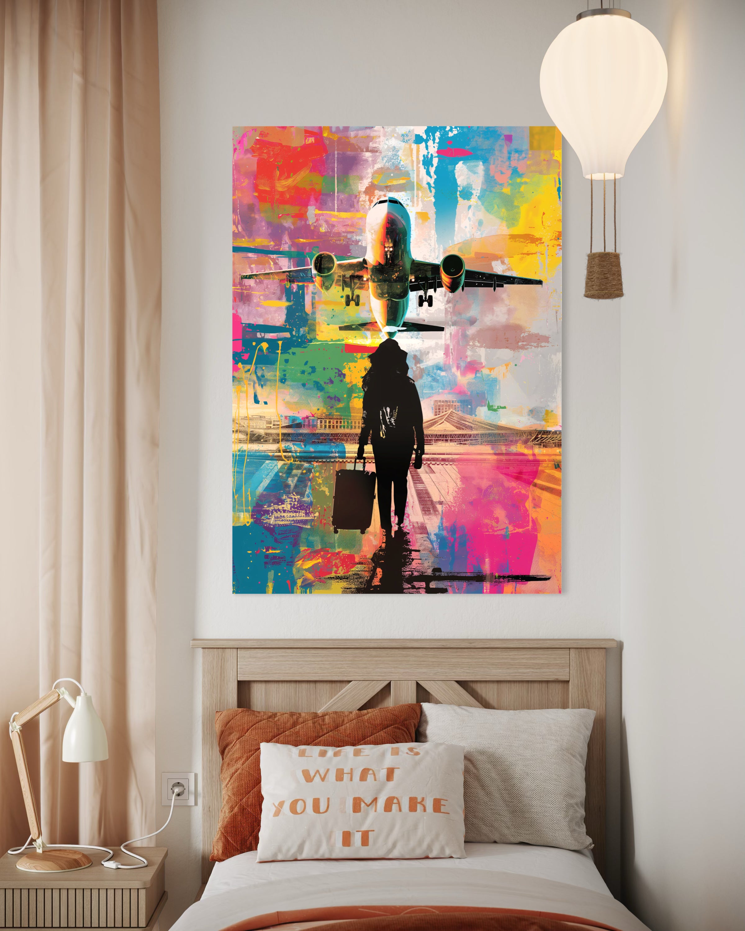 Sogni pop art: quadro con figura e aereo stilizzato, colori vivaci