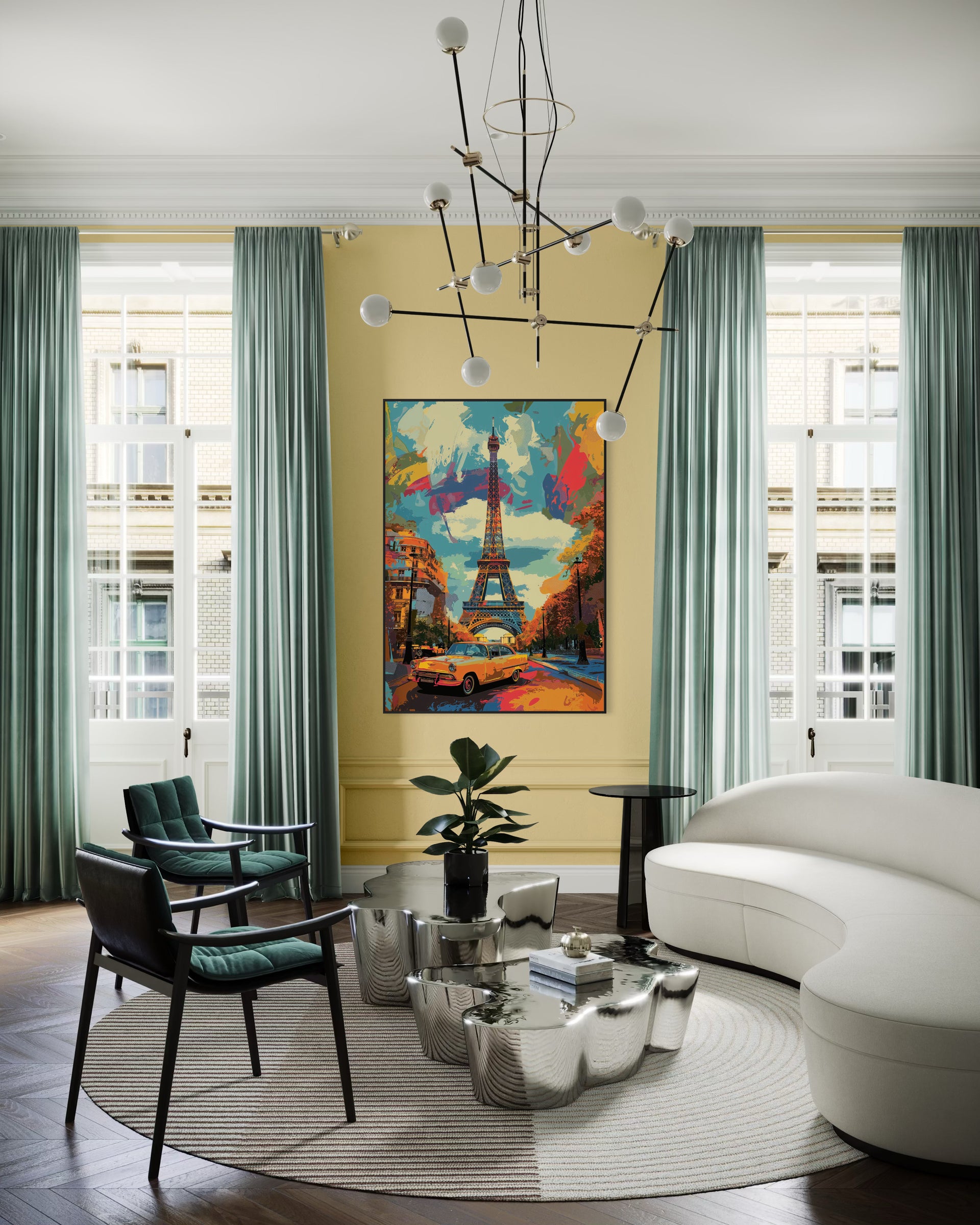 Tour Eiffel Pop Art: stampa in stile colorato con auto e skyline, cornice dritta