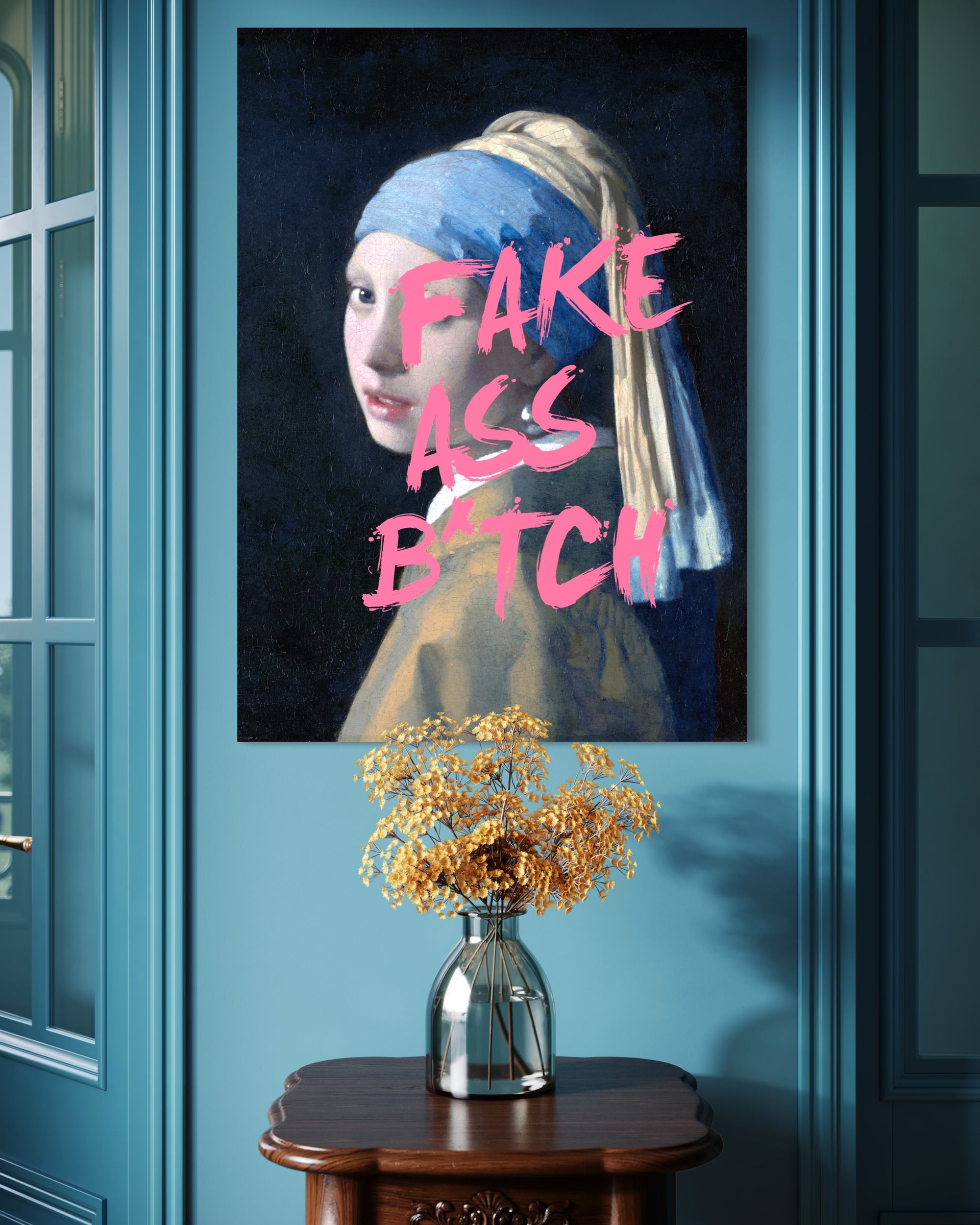 Framed portrait print of a woman with pink graffiti text, dark background