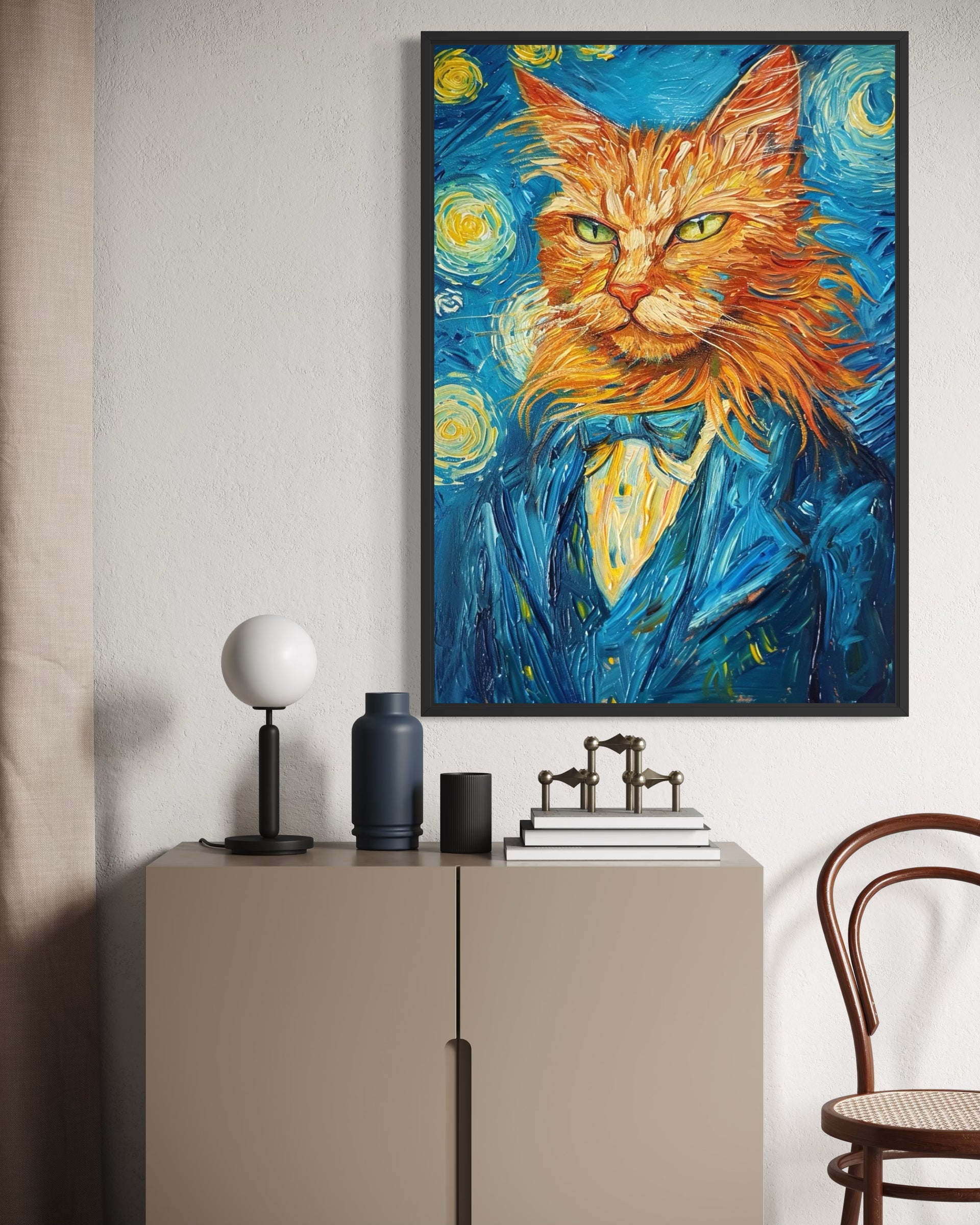 Pop art felina con cornice nera, gatto arancione su sfondo blu stilizzato