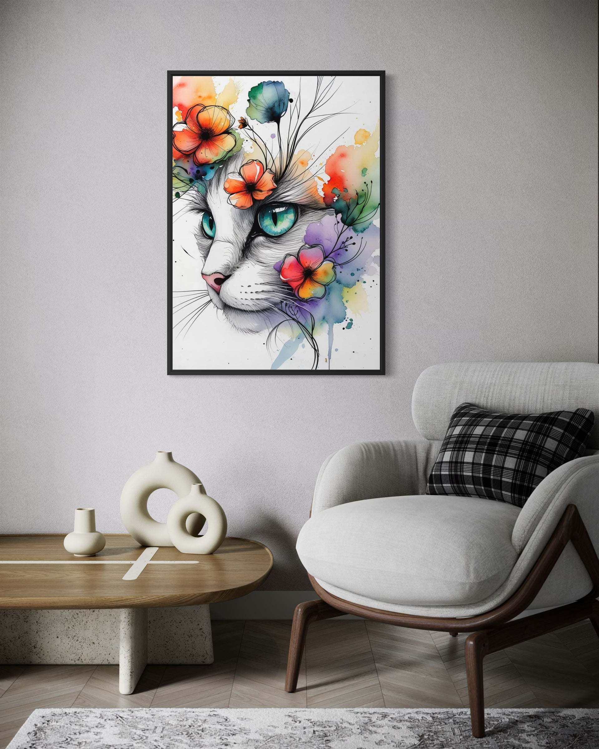 Gatto floreale con cornice nera, volto di gatto bianco e fiori colorati