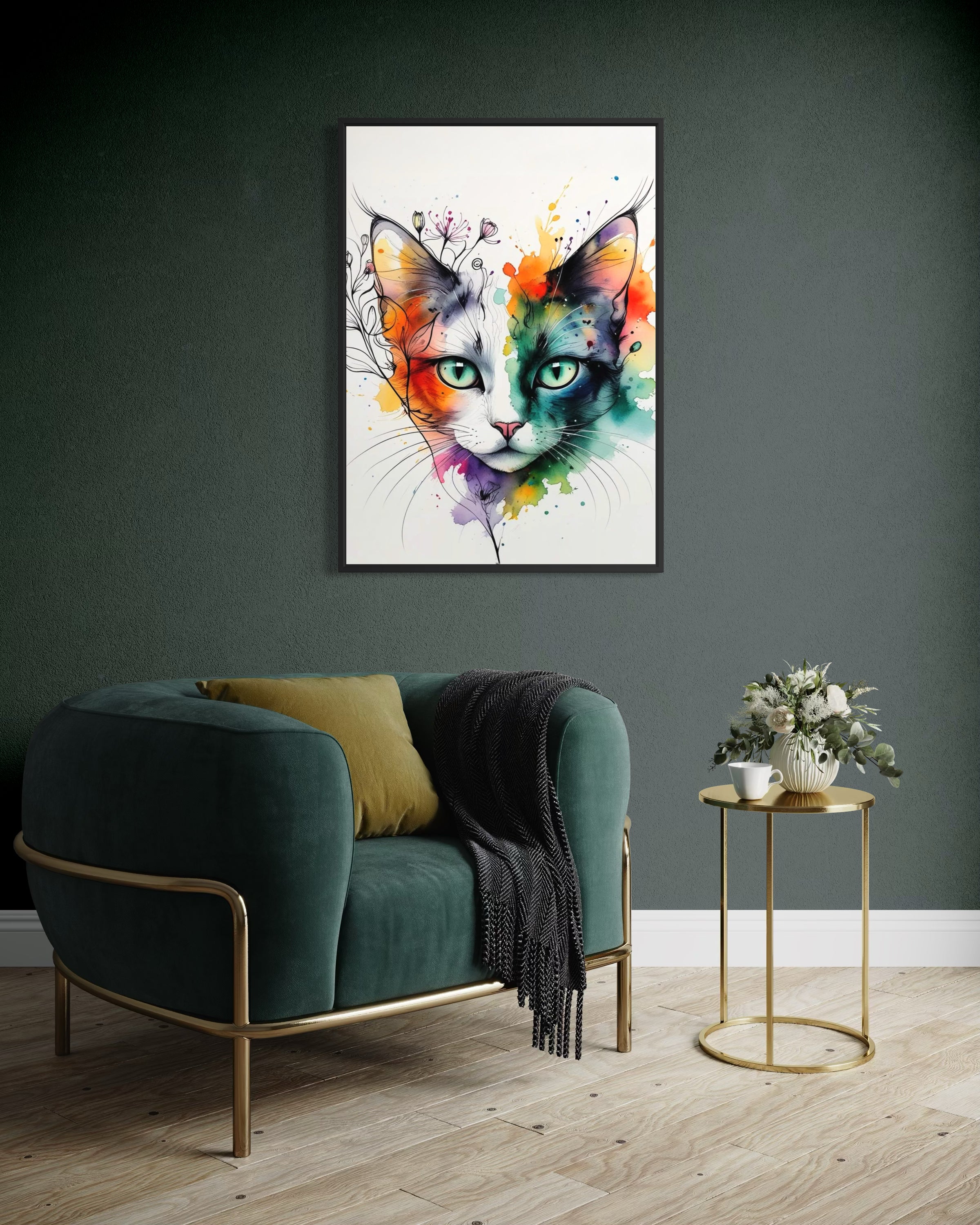 Quadro con gatto pop art e fiori colorati, cornice nera